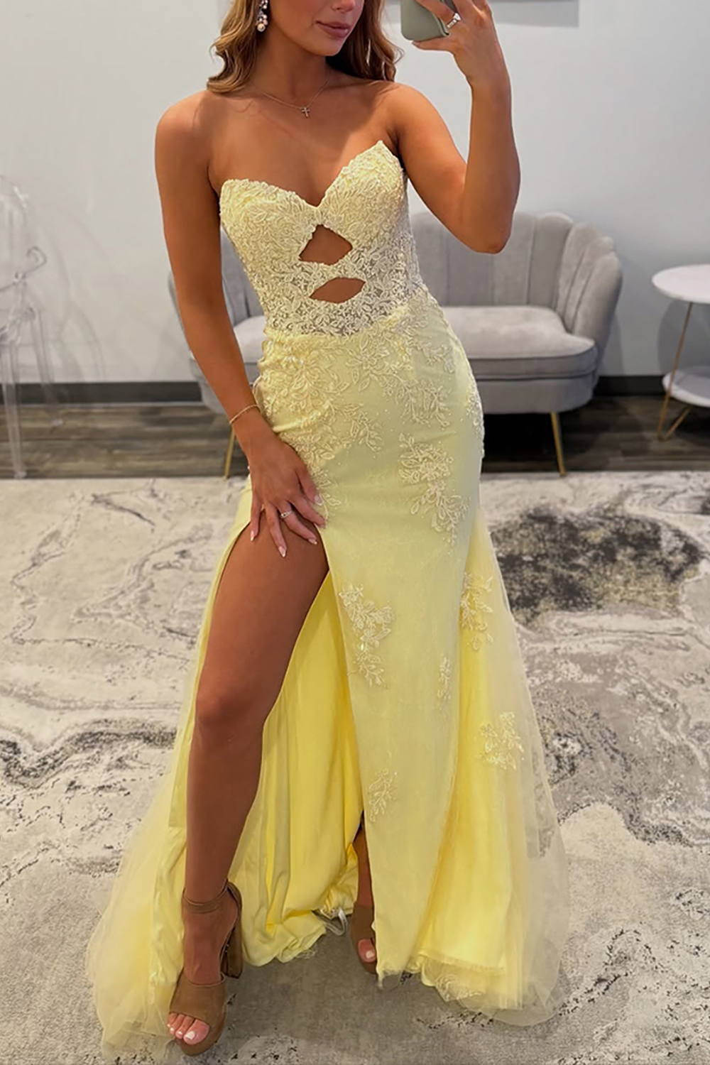 Yellow Mermaid Lace Sweetheart Cut Out Long Prom Dress with Slit