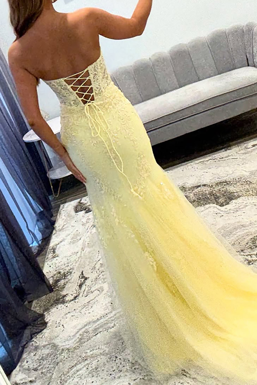 Yellow Mermaid Lace Sweetheart Cut Out Long Prom Dress with Slit