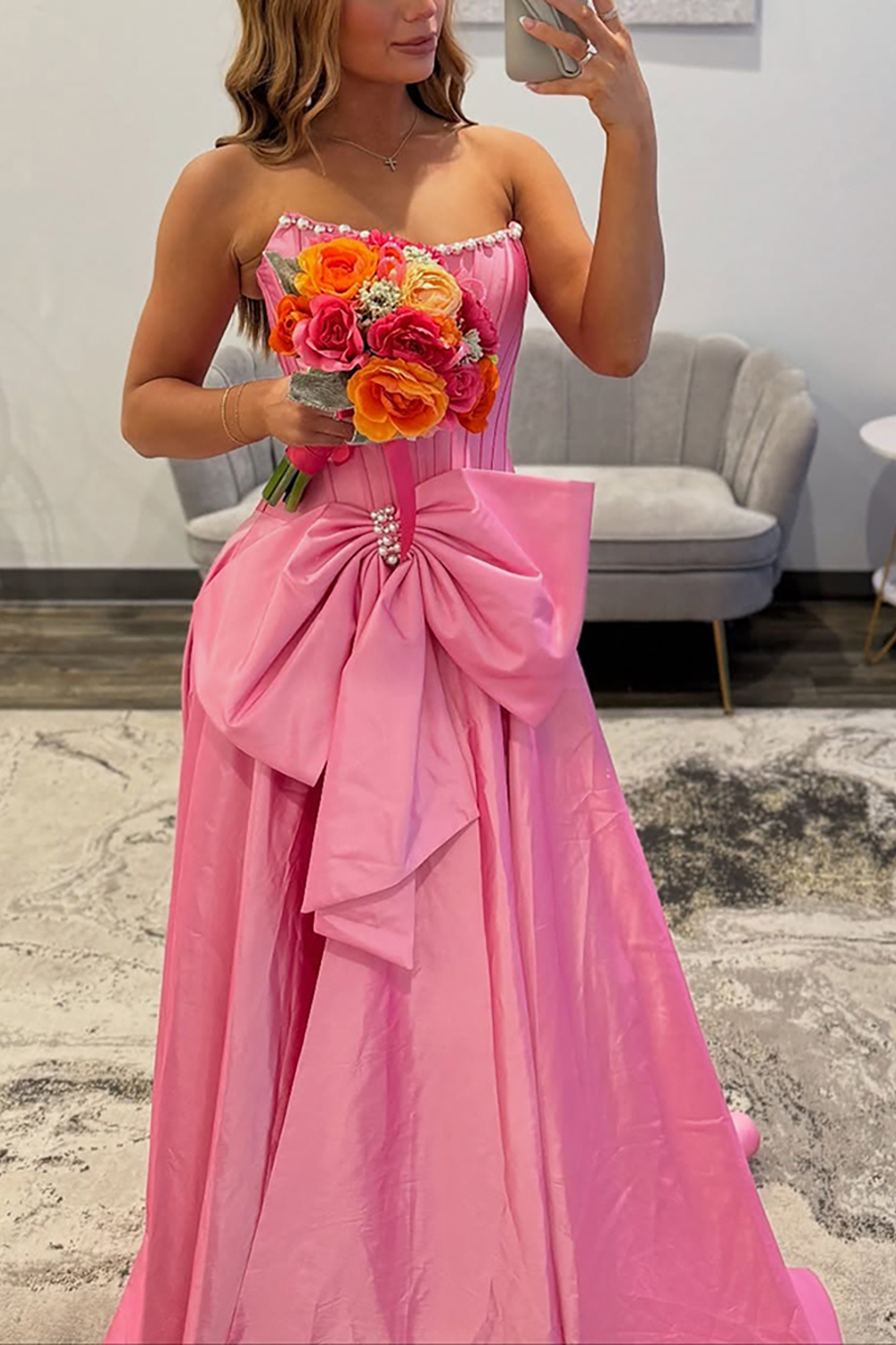 Sparkly Pink Corset Strapless Pearls Long Prom Dress with Slit
