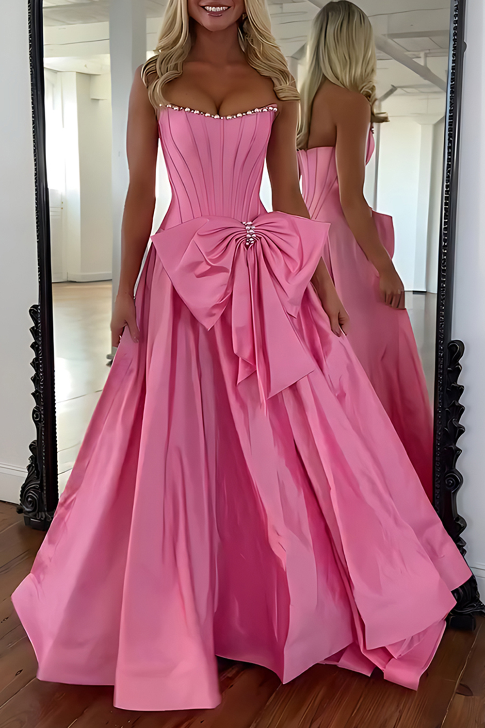 Sparkly Pink A-Line Strapless Beaded Long Corset Prom Dress with Bow