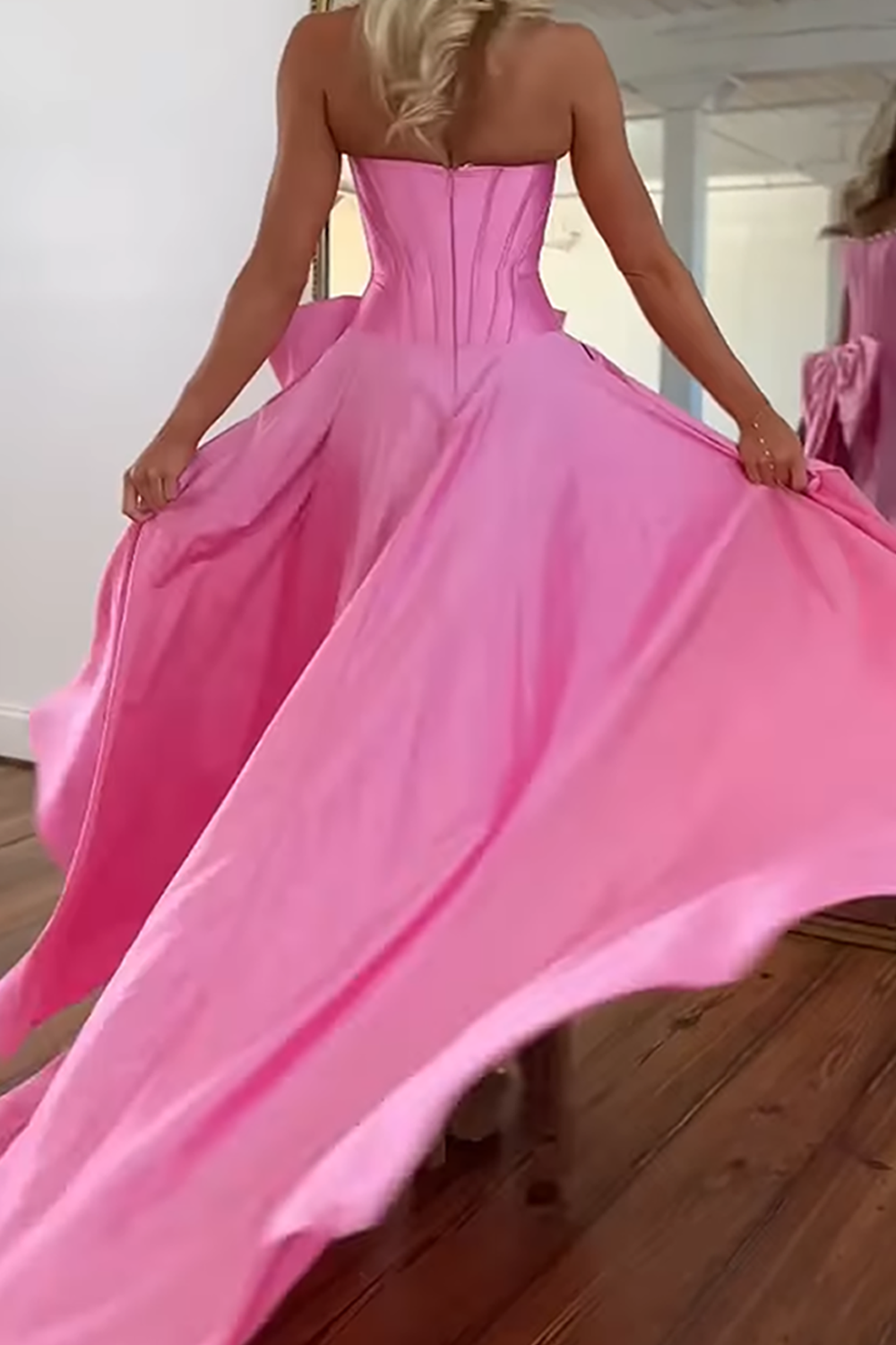 Sparkly Pink A-Line Strapless Beaded Long Corset Prom Dress with Bow