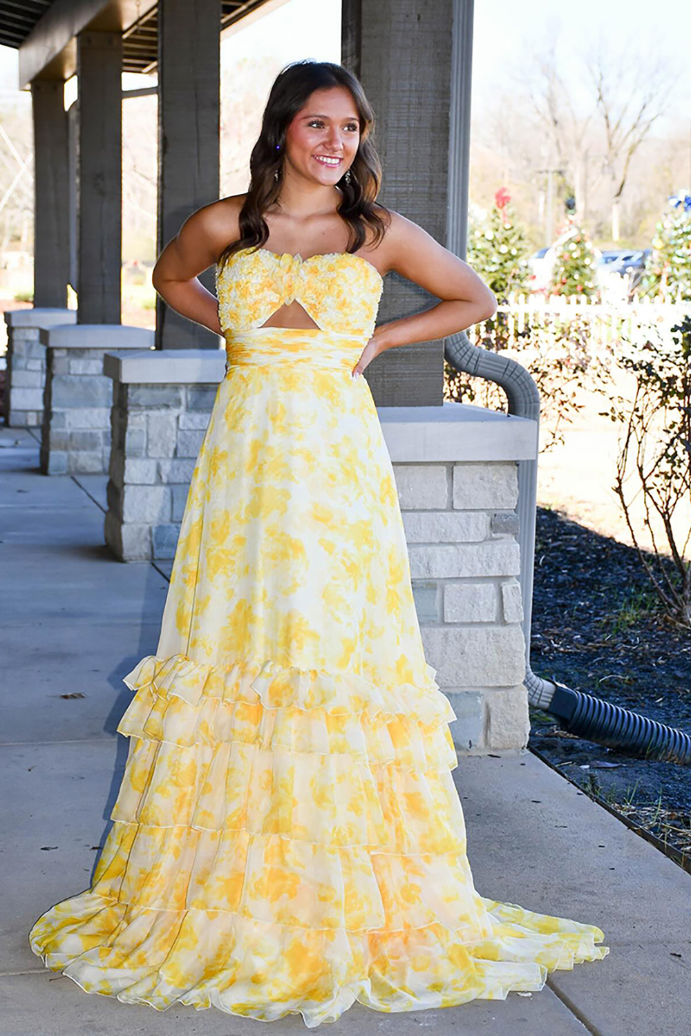 Yellow Flower A-Line Tiered Strapless Long Prom Dress with Ruffles