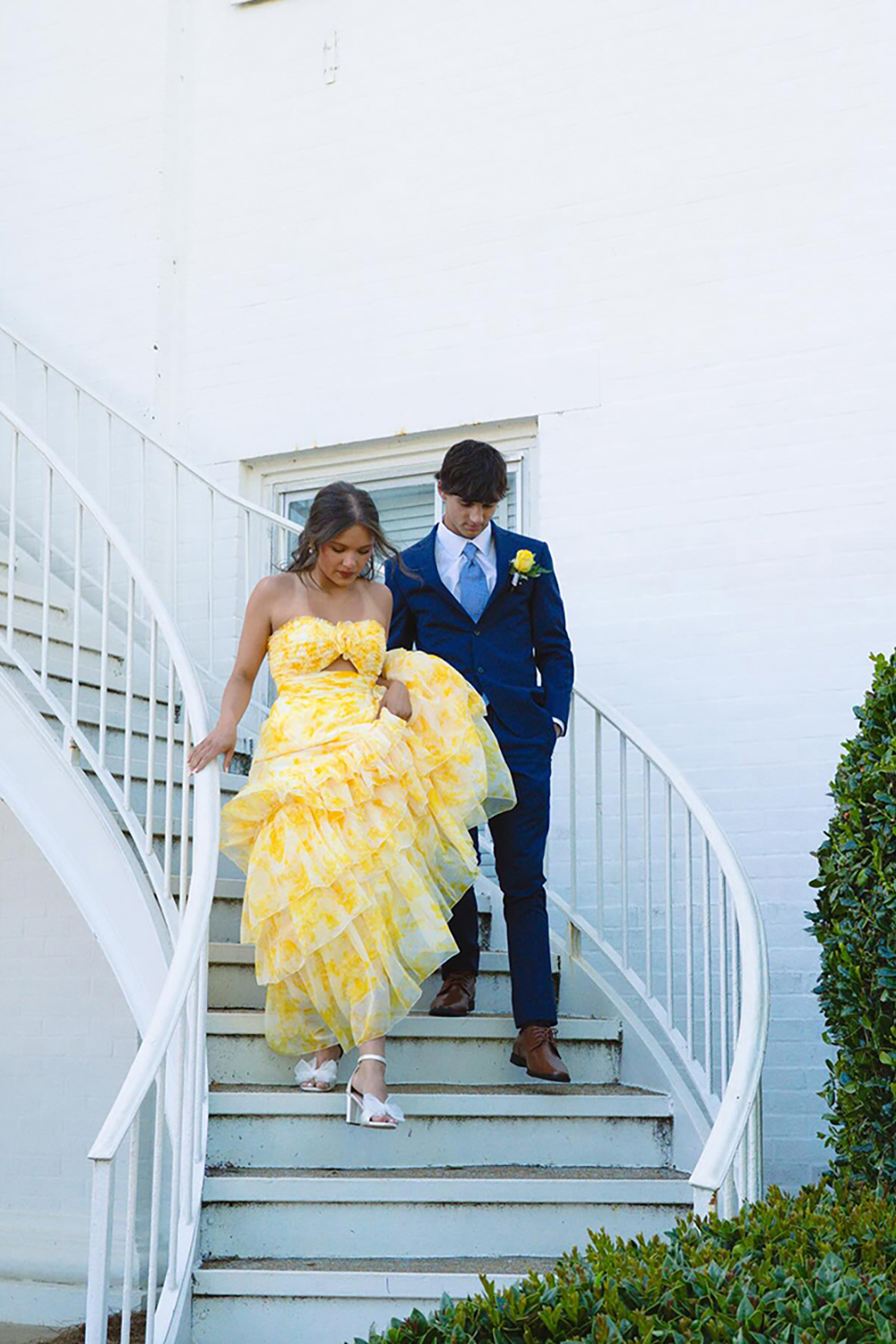 Yellow Flower A-Line Tiered Strapless Long Prom Dress with Ruffles