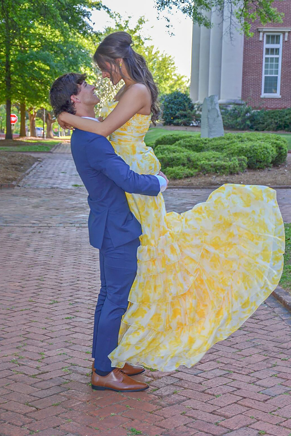 Yellow Flower A-Line Tiered Strapless Long Prom Dress with Ruffles