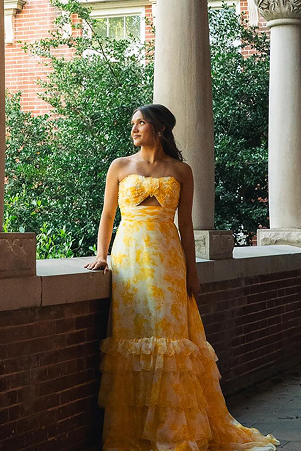 Yellow Flower A-Line Tiered Strapless Long Prom Dress with Ruffles