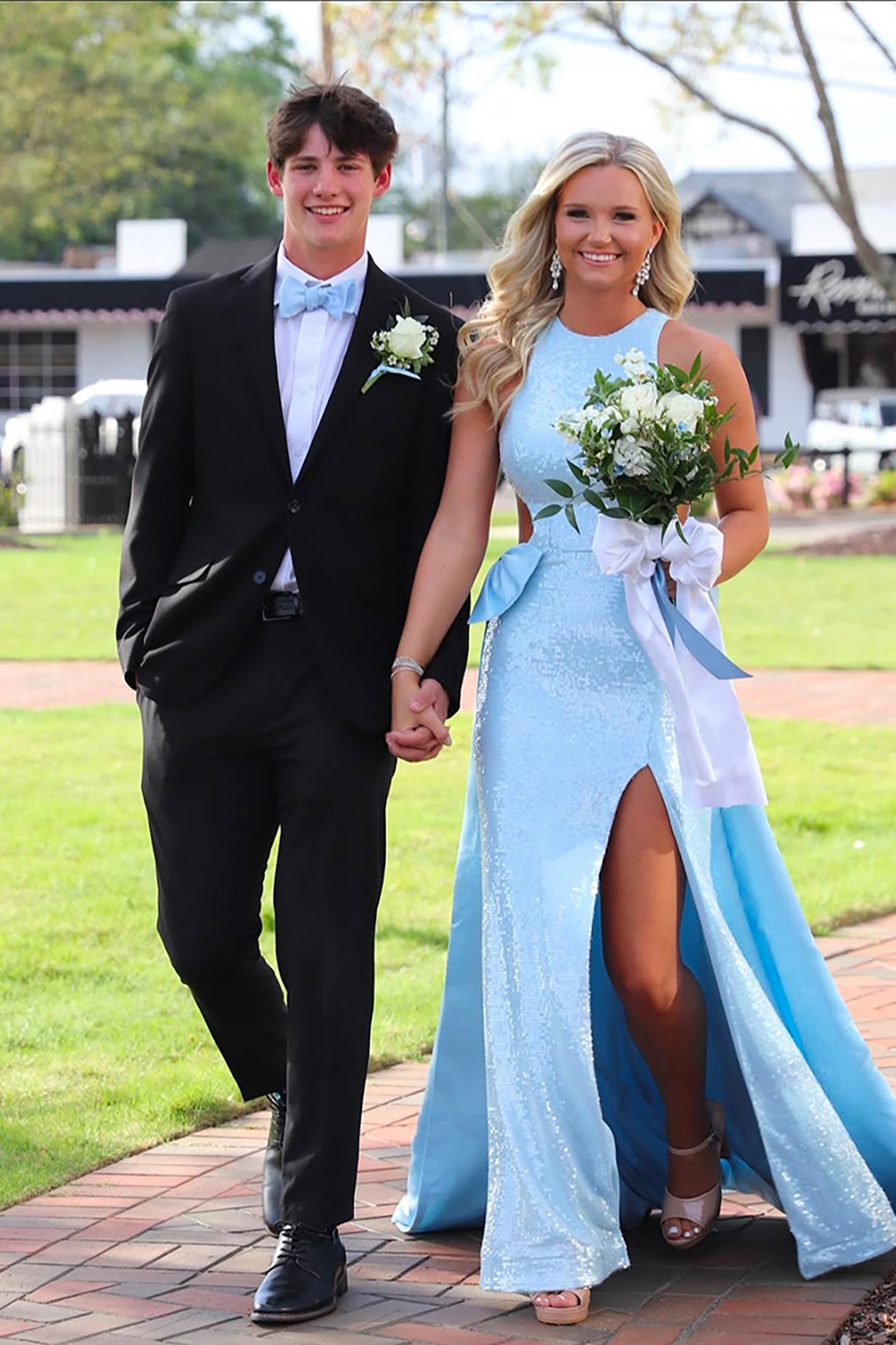 Sparkly Light Blue Mermaid Sequin Cut Out Long Prom Dress with Cape