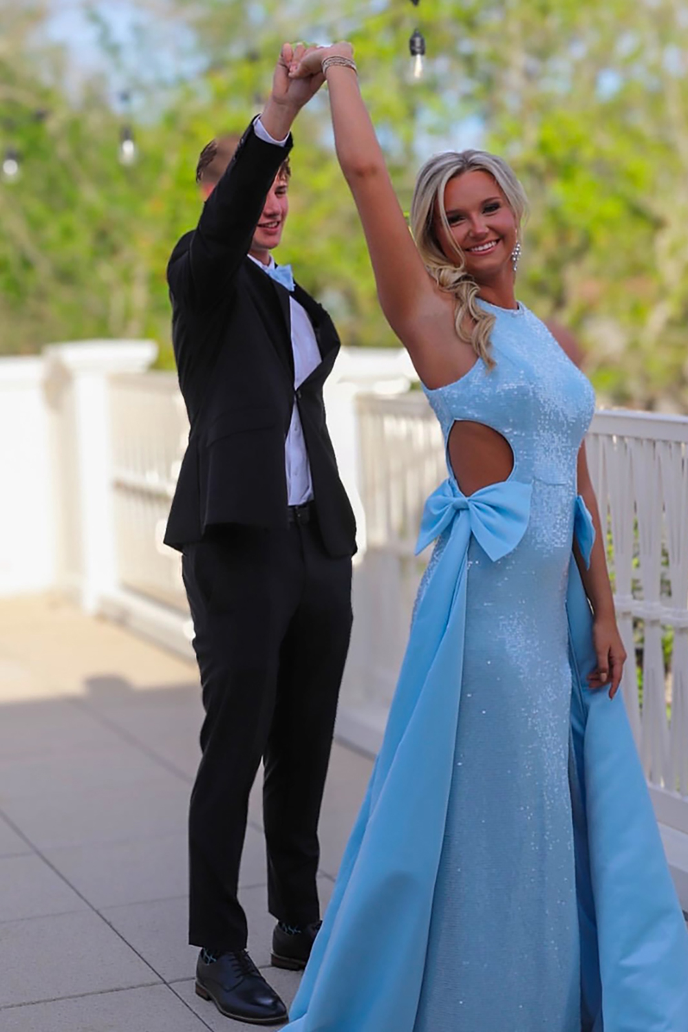Sparkly Light Blue Mermaid Sequin Cut Out Long Prom Dress with Cape