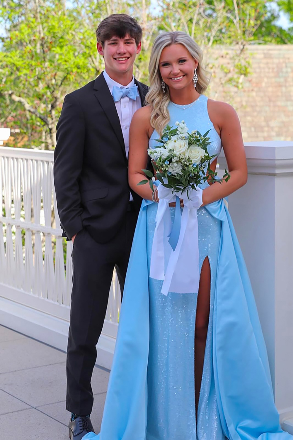Sparkly Light Blue Mermaid Sequin Cut Out Long Prom Dress with Cape