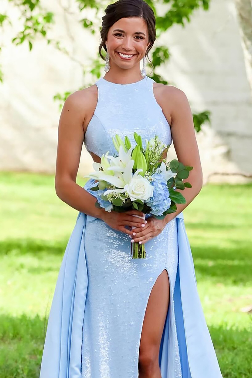 Sparkly Light Blue Mermaid Sequin Cut Out Long Prom Dress with Cape