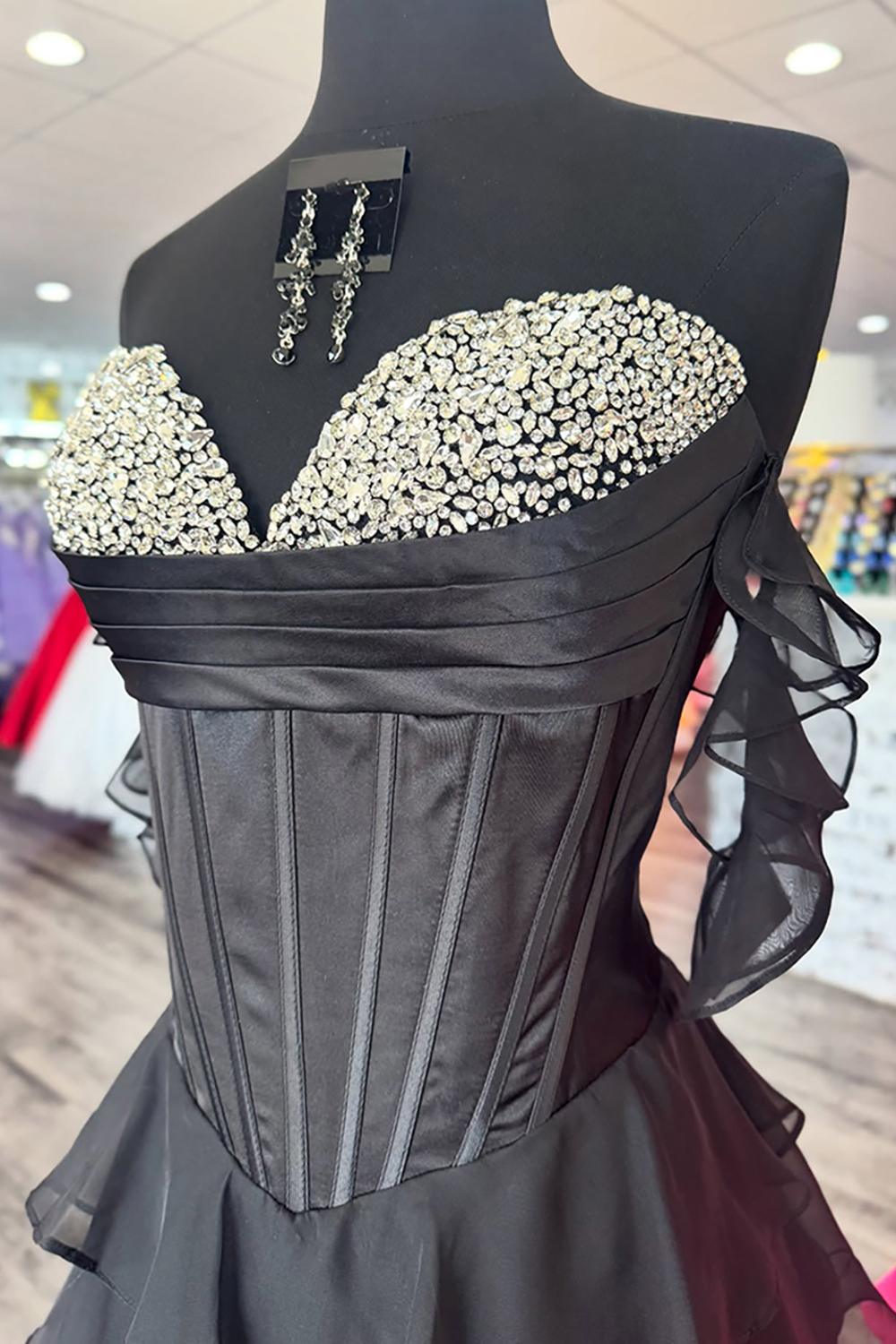 Sparkly Black Corset Tiered Ruffled Long Prom Dress with Beading