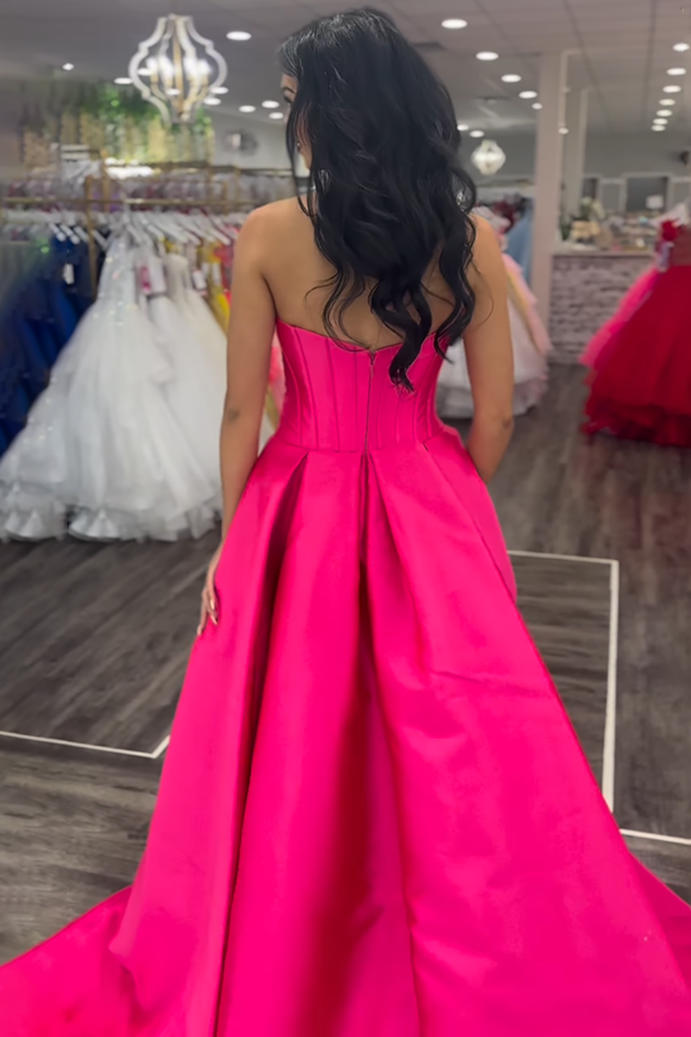Fuchsia Corset Mermaid Strapless Satin Long Prom Dress with Cape