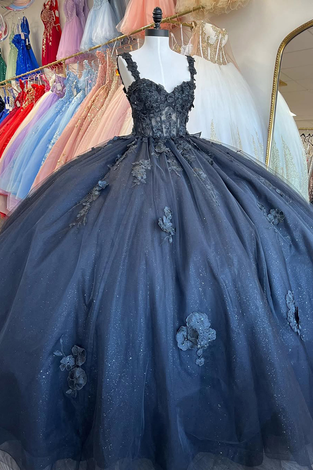 Sparkly Black Spaghetti Straps Beaded Corset Ball Gown Floral Appliques Quinceanera Dress with Bow