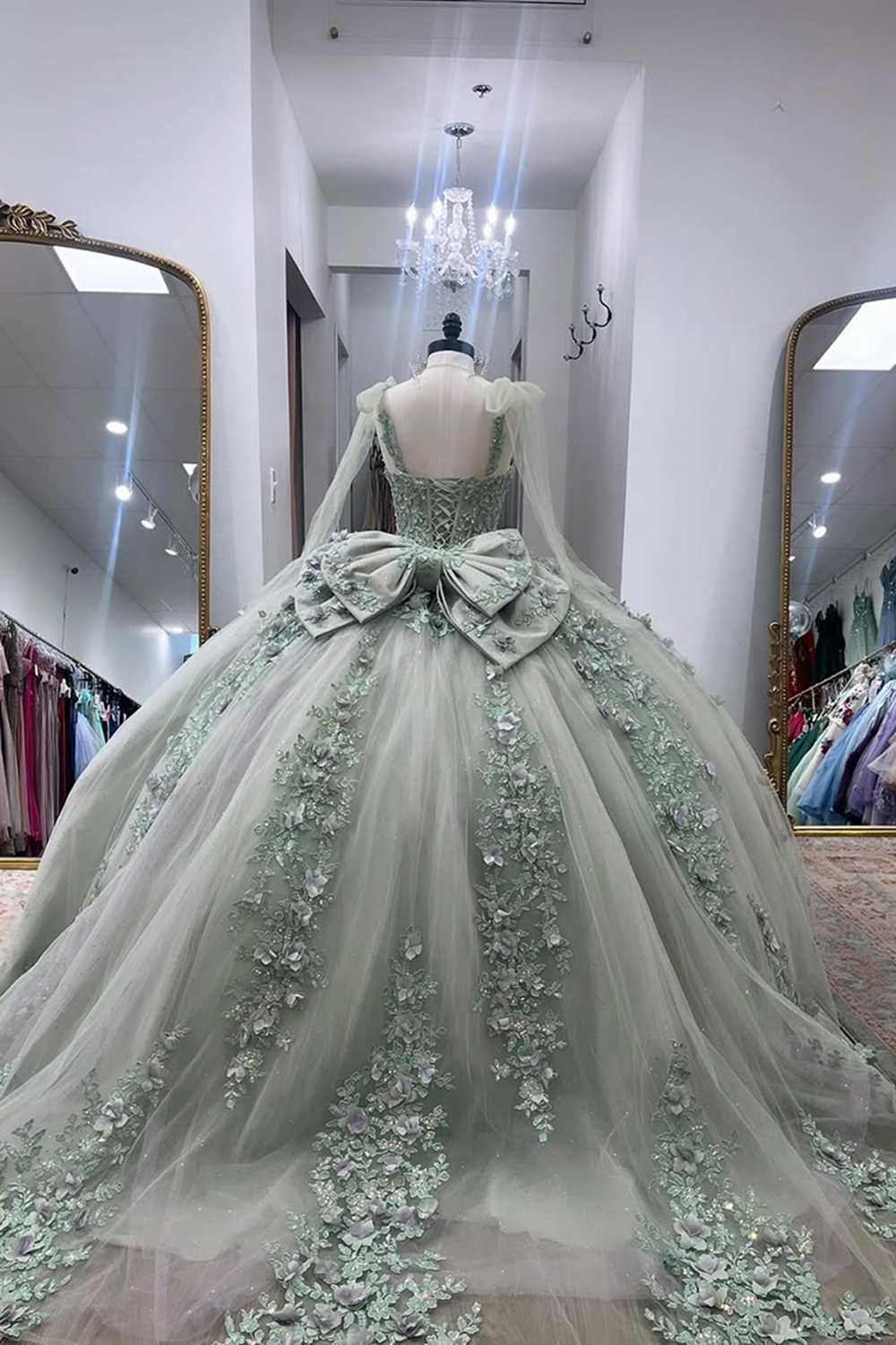 Sparkly Grey Green Spaghetti Straps Sequins Appliques Ball Gown Floral Quinceanera Dress with Bow