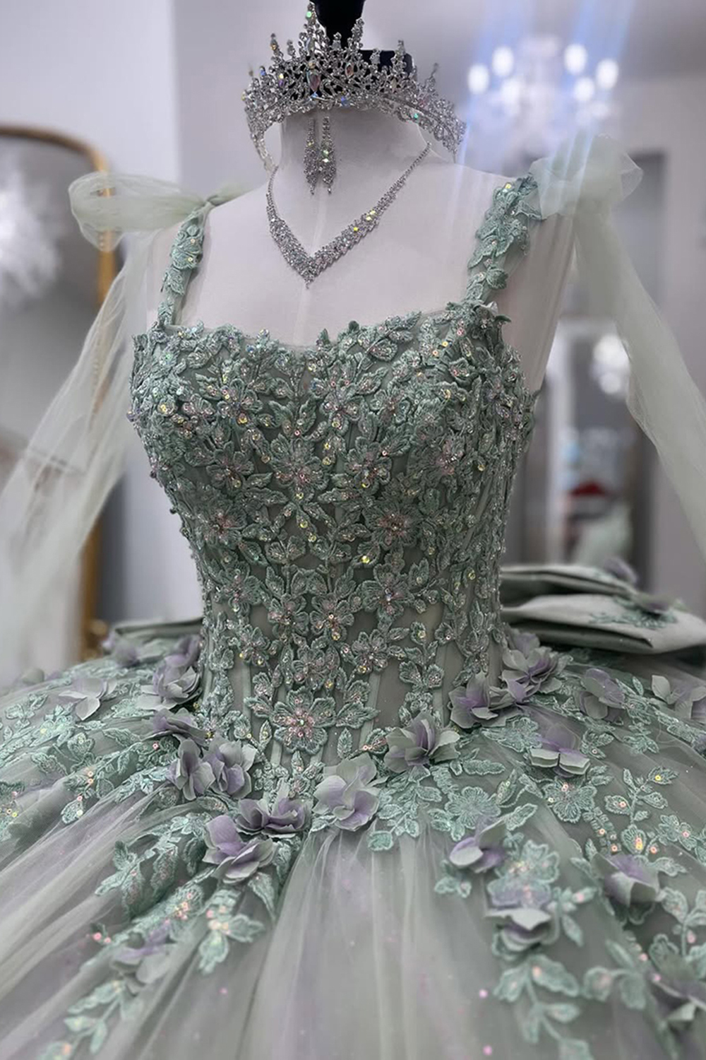 Sparkly Grey Green Spaghetti Straps Sequins Appliques Ball Gown Floral Quinceanera Dress with Bow
