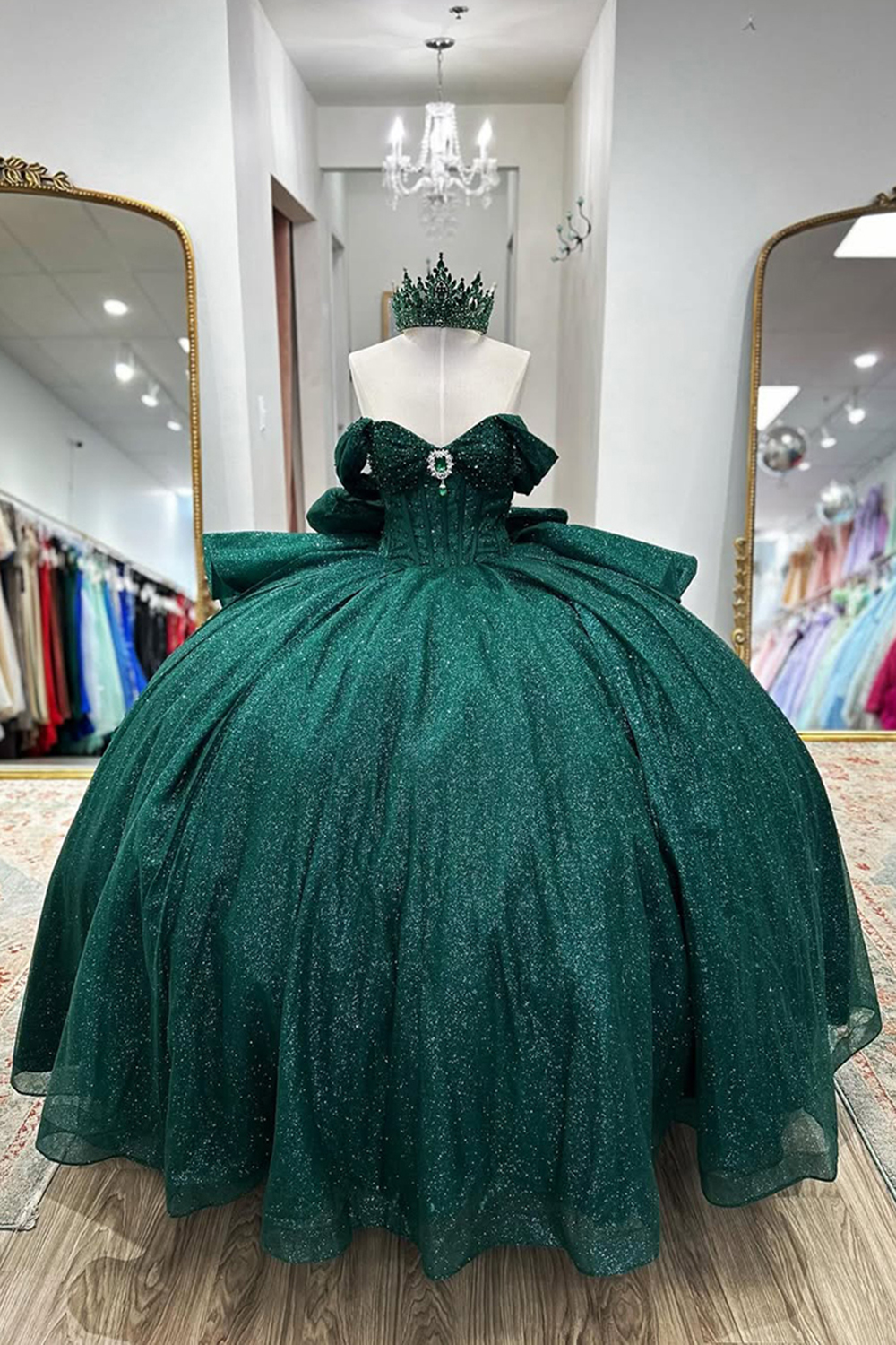 Sparkly Dark Green Sweetheart Corset Ball Gown Bedaed Quinceanera Dress with Bow