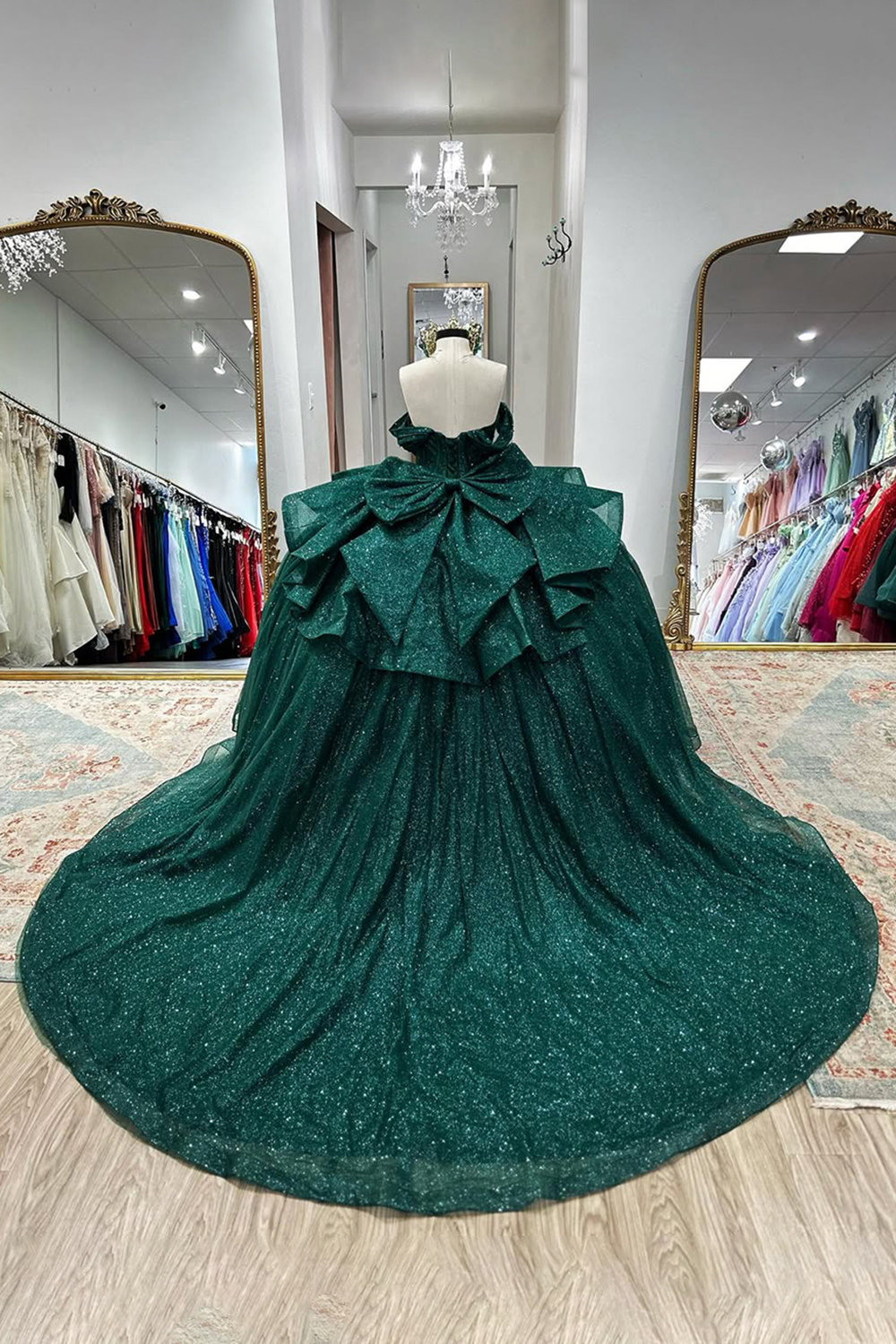 Sparkly Dark Green Sweetheart Corset Ball Gown Bedaed Quinceanera Dress with Bow