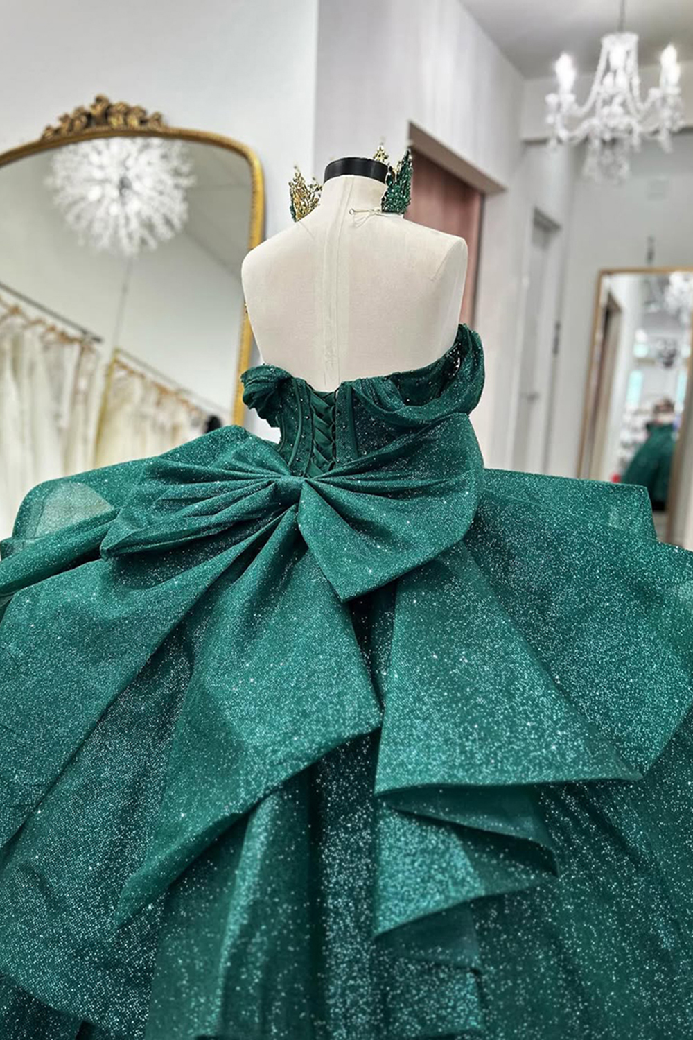 Sparkly Dark Green Sweetheart Corset Ball Gown Bedaed Quinceanera Dress with Bow