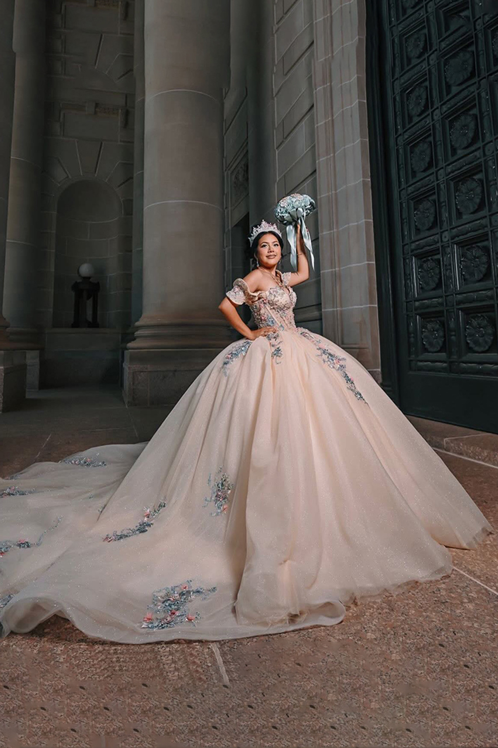 Sparkly Blush Off the Shoulder Corset Ball Gown Beaded Quinceanera Dress with Appliques