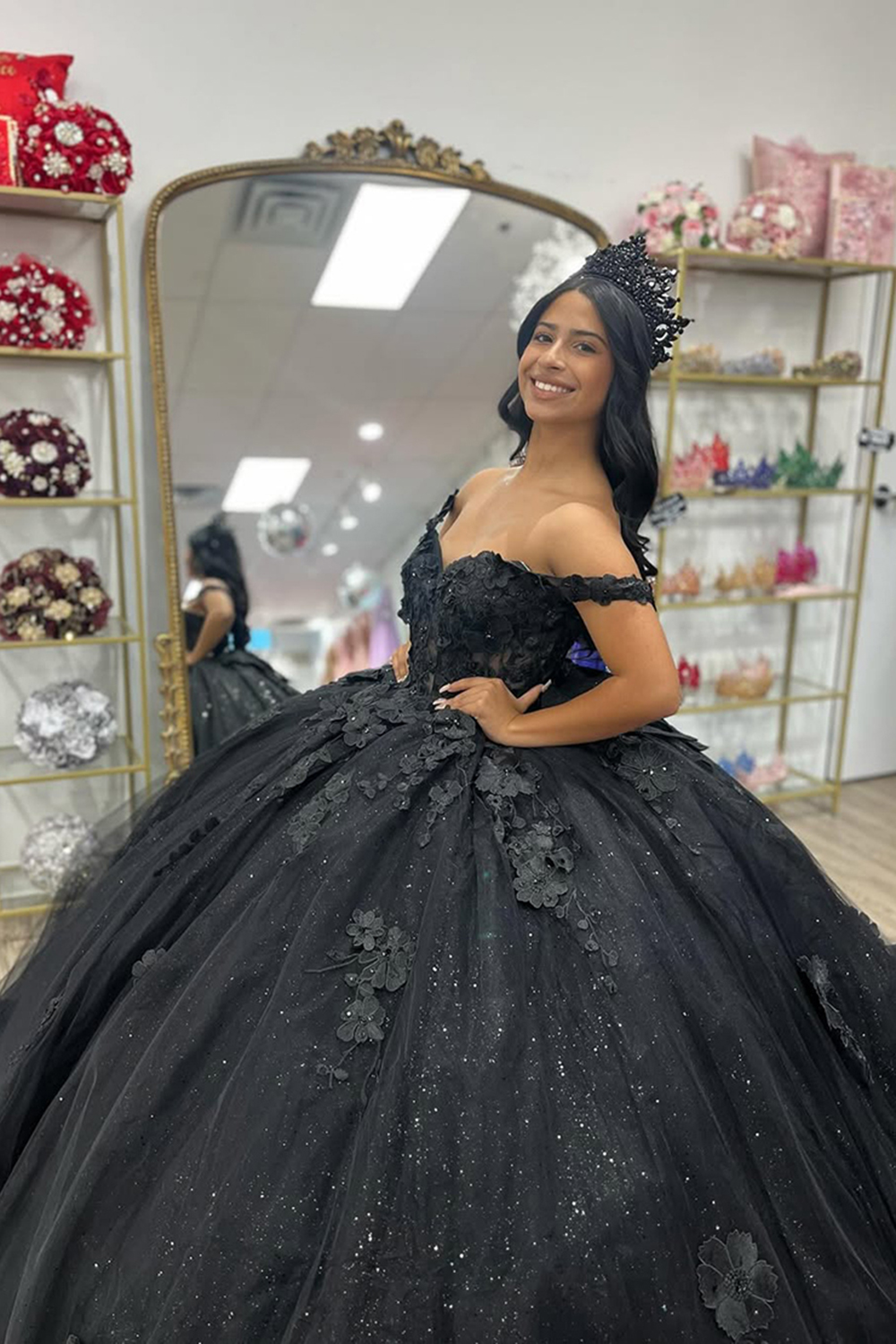 Sparkly Black Off the Shoulder Corset Ball Gown Beaded Appliques Quinceanera Dress with Bow