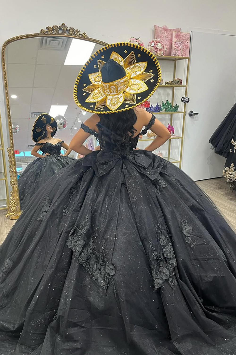 Sparkly Black Off the Shoulder Corset Ball Gown Beaded Appliques Quinceanera Dress with Bow