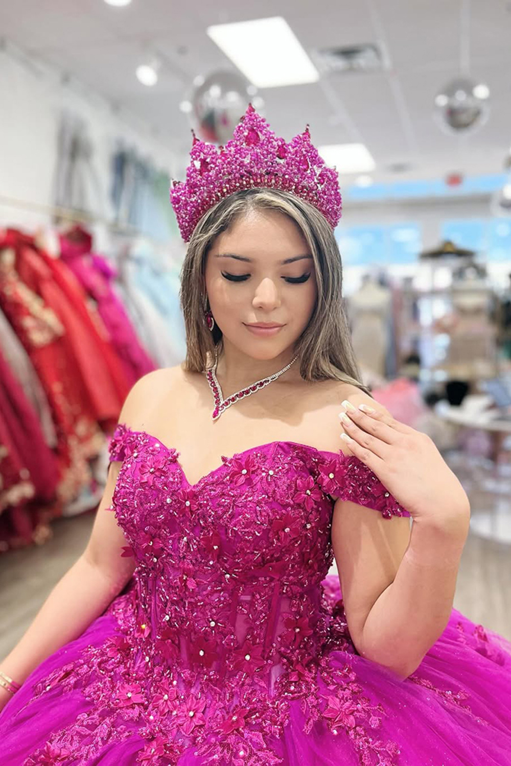 Sparkly Fuchsia Off the Shoulder Corset Ball Gown Beaded Quinceanera Dress with Appliques