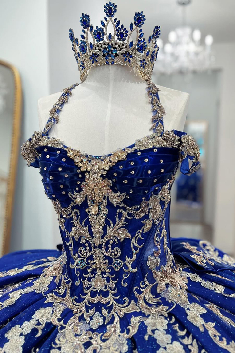 Sparkly Royal Blue Corset Ball Gown Beaded Long Quinceanera Dress with Appliques