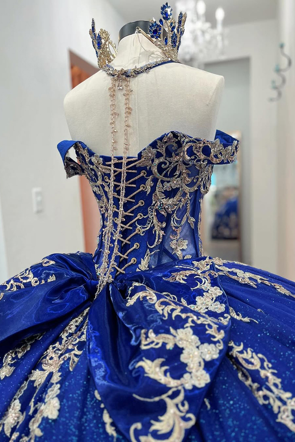 Sparkly Royal Blue Corset Ball Gown Beaded Long Quinceanera Dress with Appliques