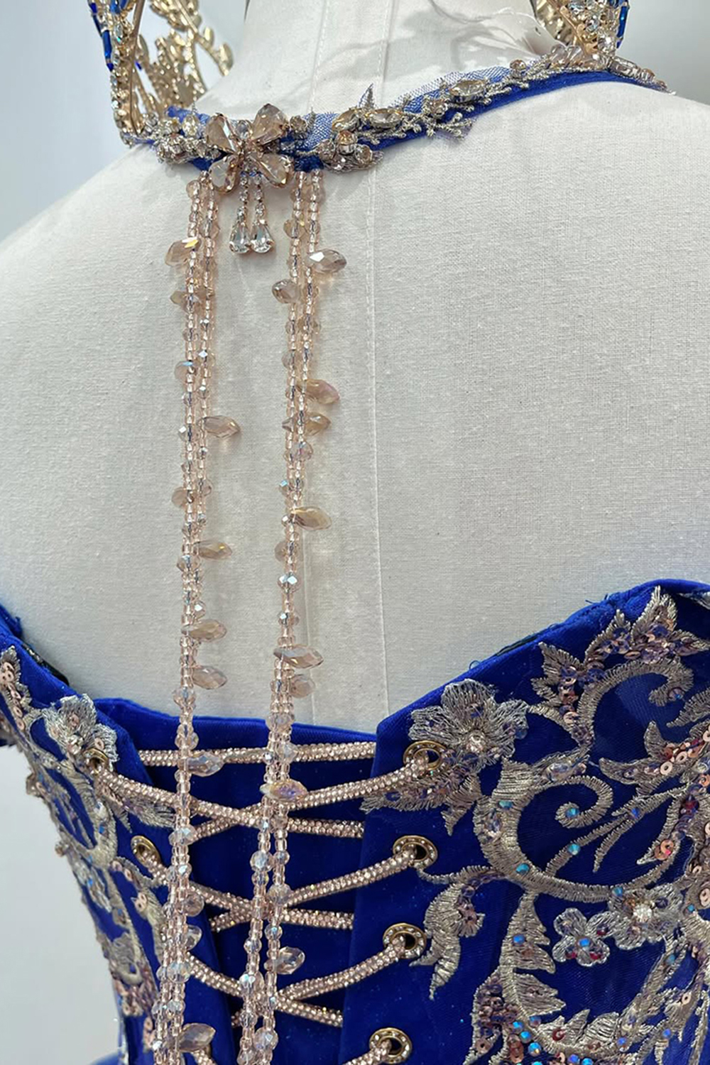 Sparkly Royal Blue Corset Ball Gown Beaded Long Quinceanera Dress with Appliques