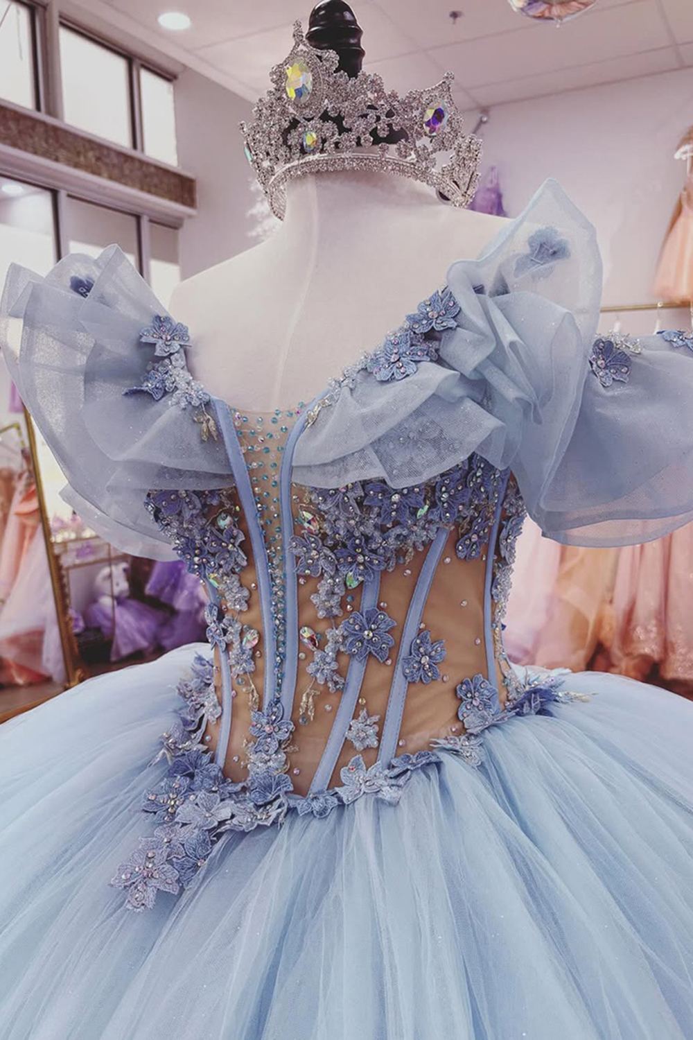 Sparkly Lilac Corset Beaded Ball Gown Floral Long Quinceanera Dress with Appliques