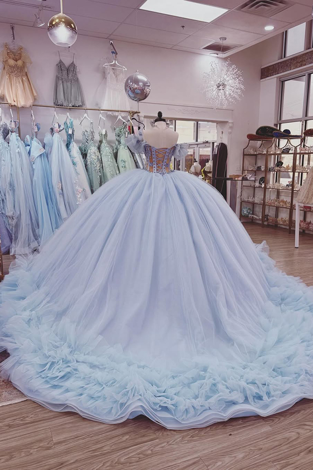 Sparkly Lilac Corset Beaded Ball Gown Floral Long Quinceanera Dress with Appliques