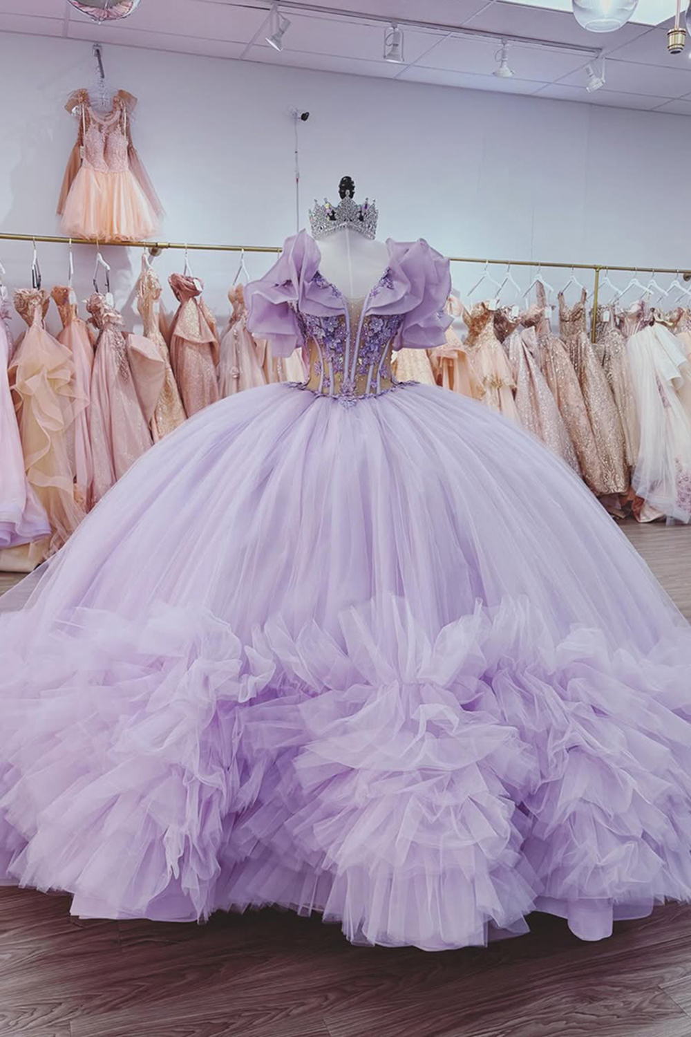 Sparkly Lilac Corset Beaded Ball Gown Floral Long Quinceanera Dress with Appliques