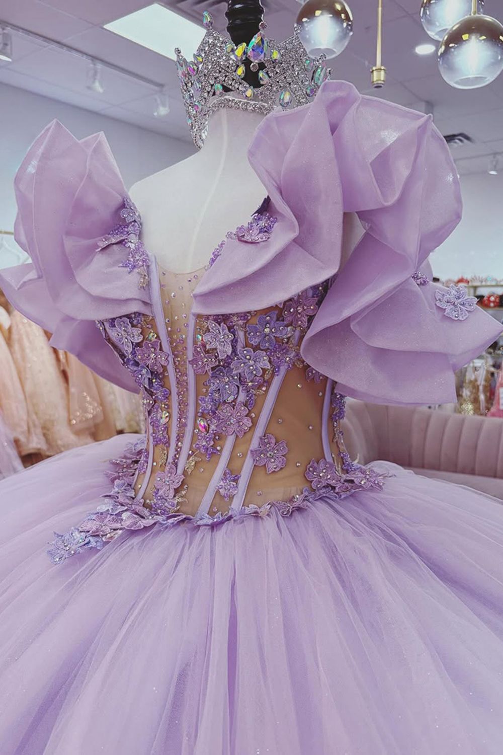 Sparkly Lilac Corset Beaded Ball Gown Floral Long Quinceanera Dress with Appliques