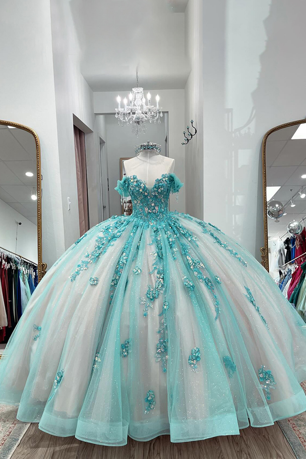 Sparkly Green Off the Shoulder Floral Ball Gown Tulle Sequins Quinceanera Dress with Appliques