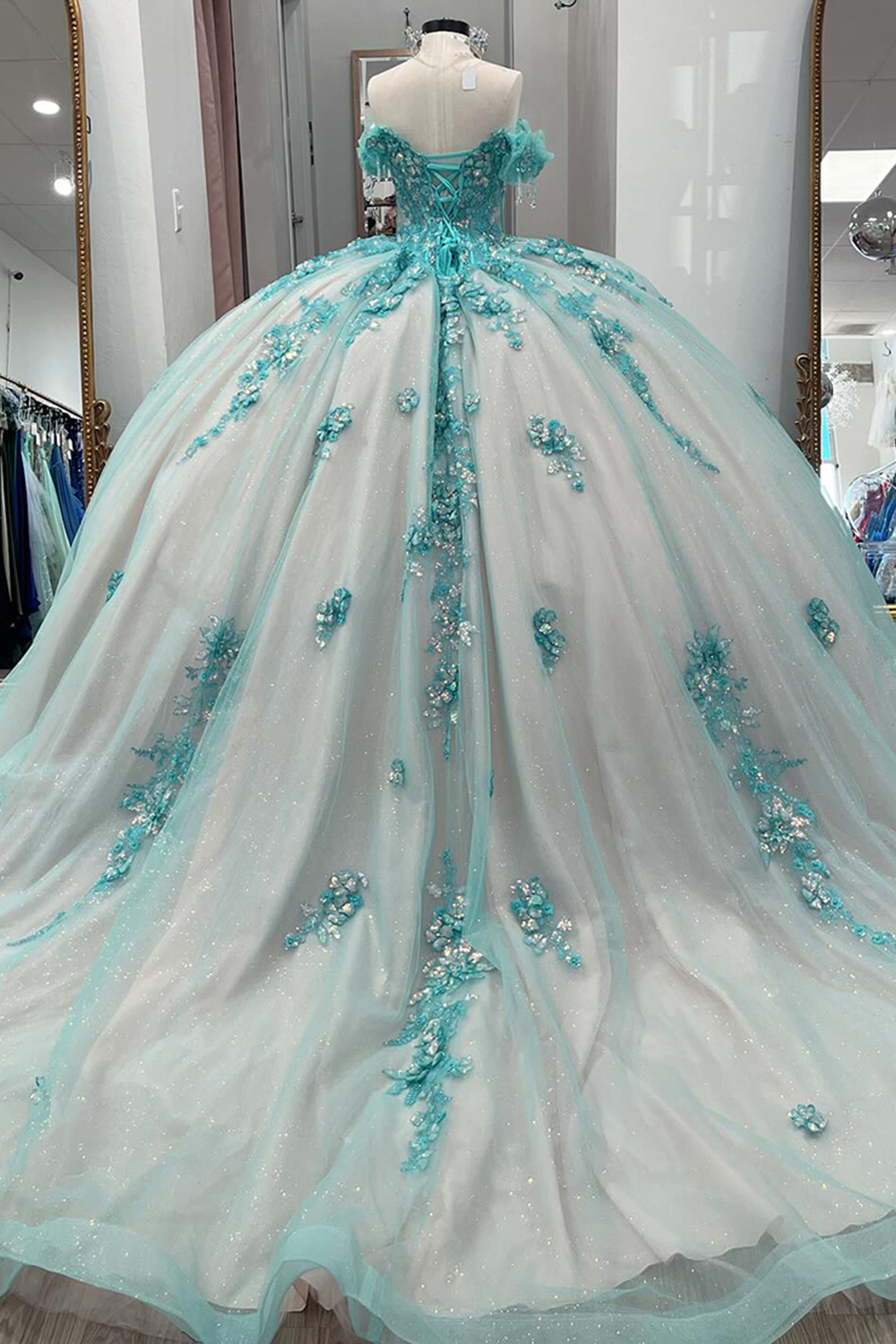 Sparkly Green Off the Shoulder Floral Ball Gown Tulle Sequins Quinceanera Dress with Appliques