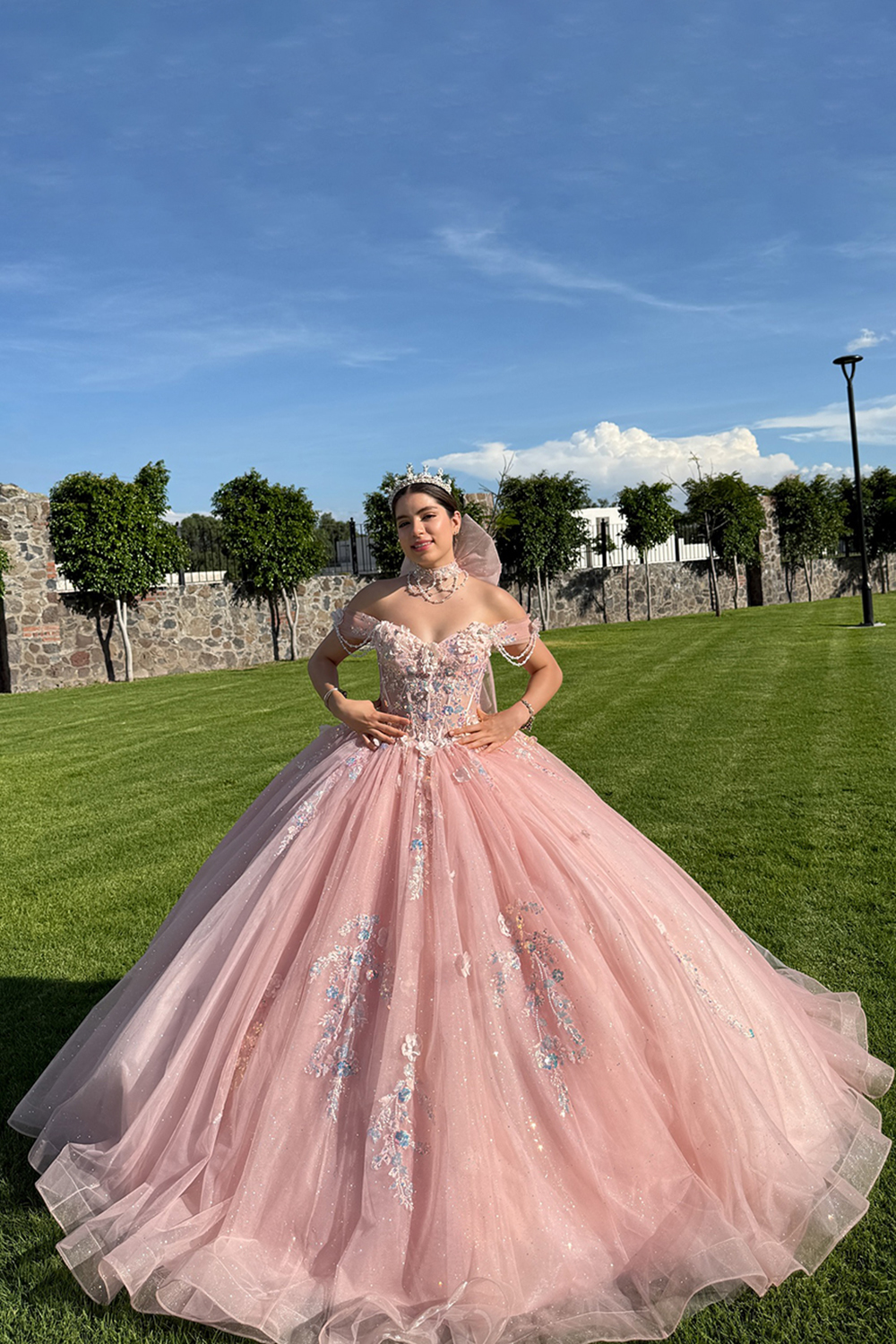 Sparkly Pink Off the Shoulder Beaded Ball Gown Corset Tulle Floral Quinceanera Dress with Appliques