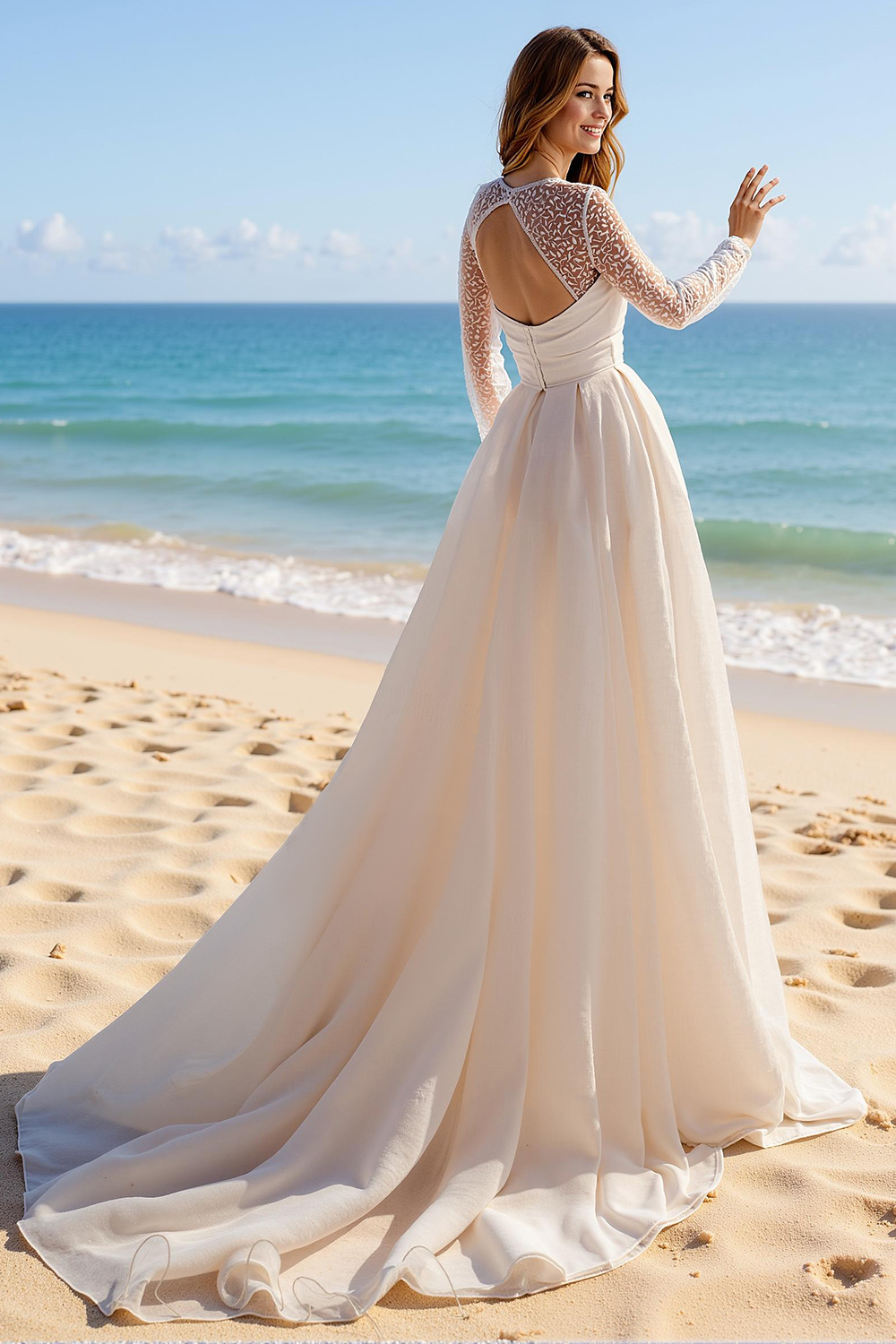 Ivory Square Neck A-Line Long Sleeves Sweep Train Boho Wedding Dress with Slit