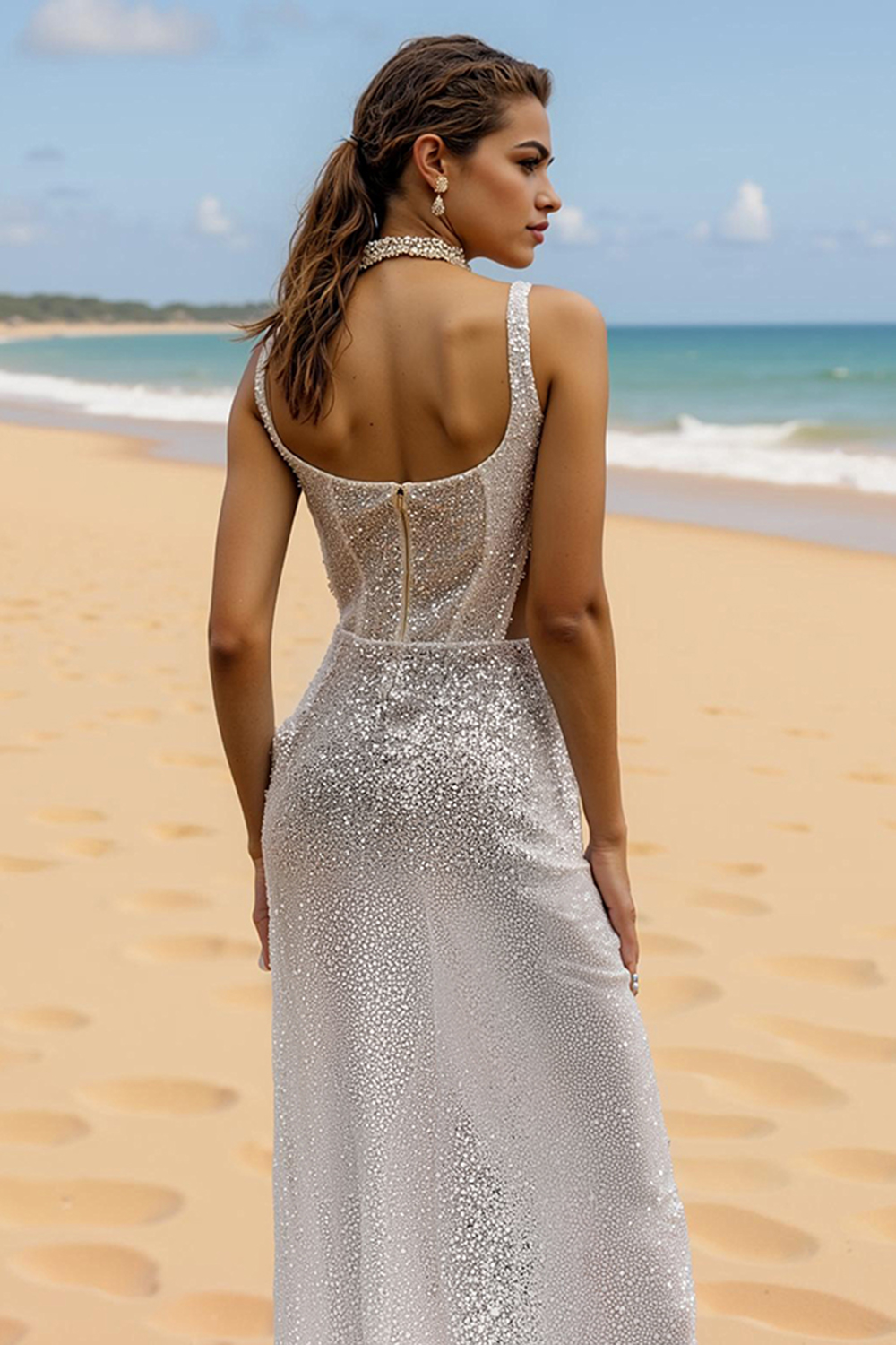 Sparkly Ivory Corset Beaded Sheath Sweep Train Boho Wedding Dress with Slit