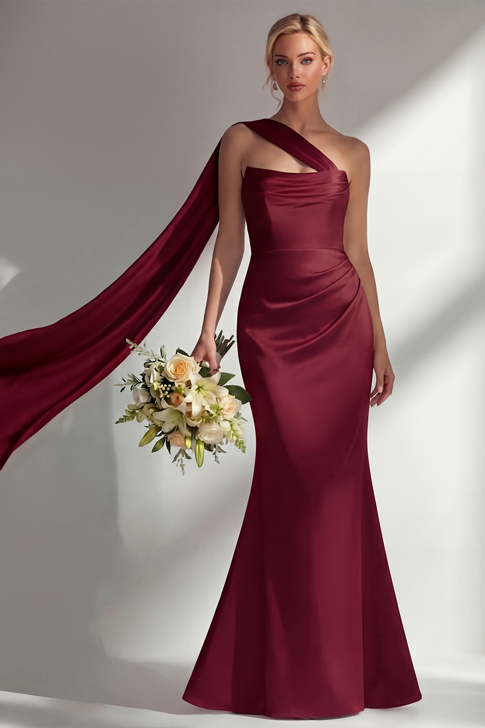 Elegant Burgundy Mermaid Neck Scarf Ruched Long Satin Prom Dress