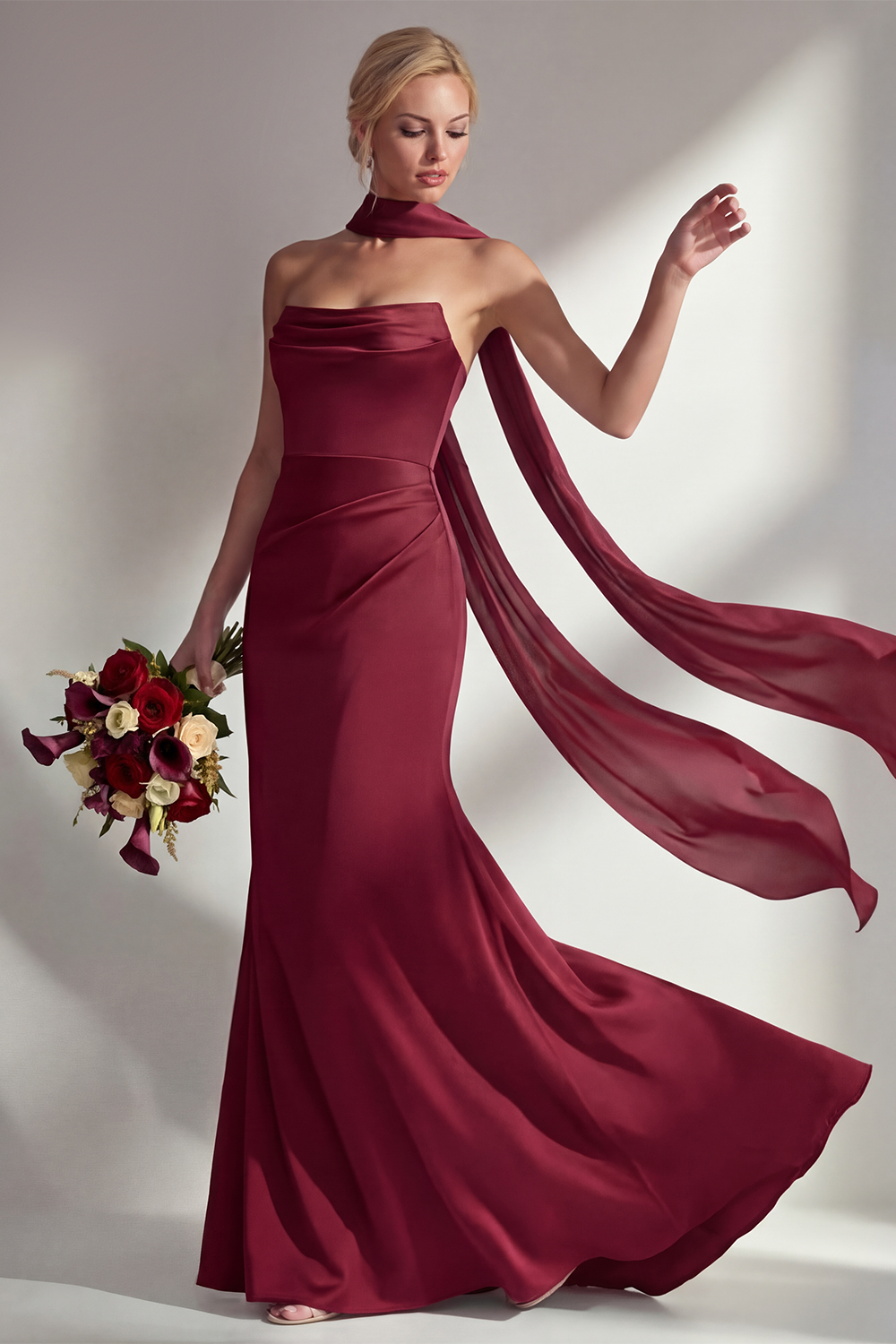 Elegant Burgundy Mermaid Neck Scarf Ruched Long Satin Prom Dress