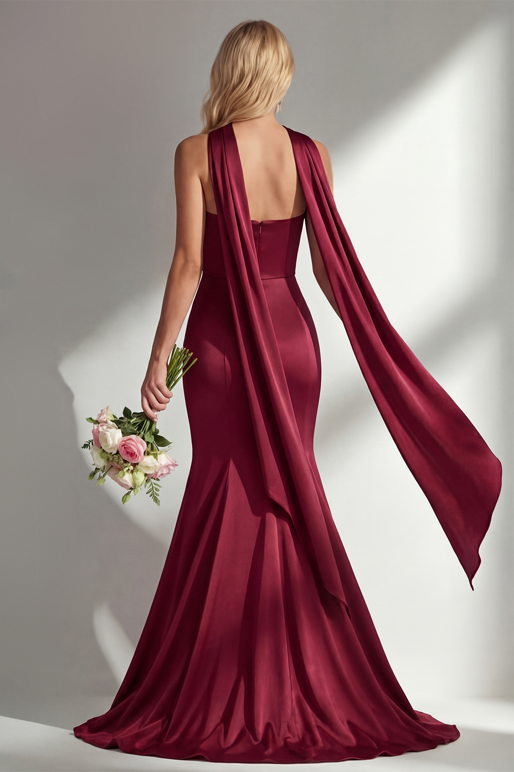 Elegant Burgundy Mermaid Neck Scarf Ruched Long Satin Prom Dress