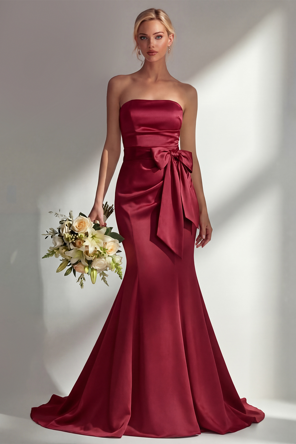Elegant Burgundy Mermaid Neck Scarf Ruched Long Satin Prom Dress