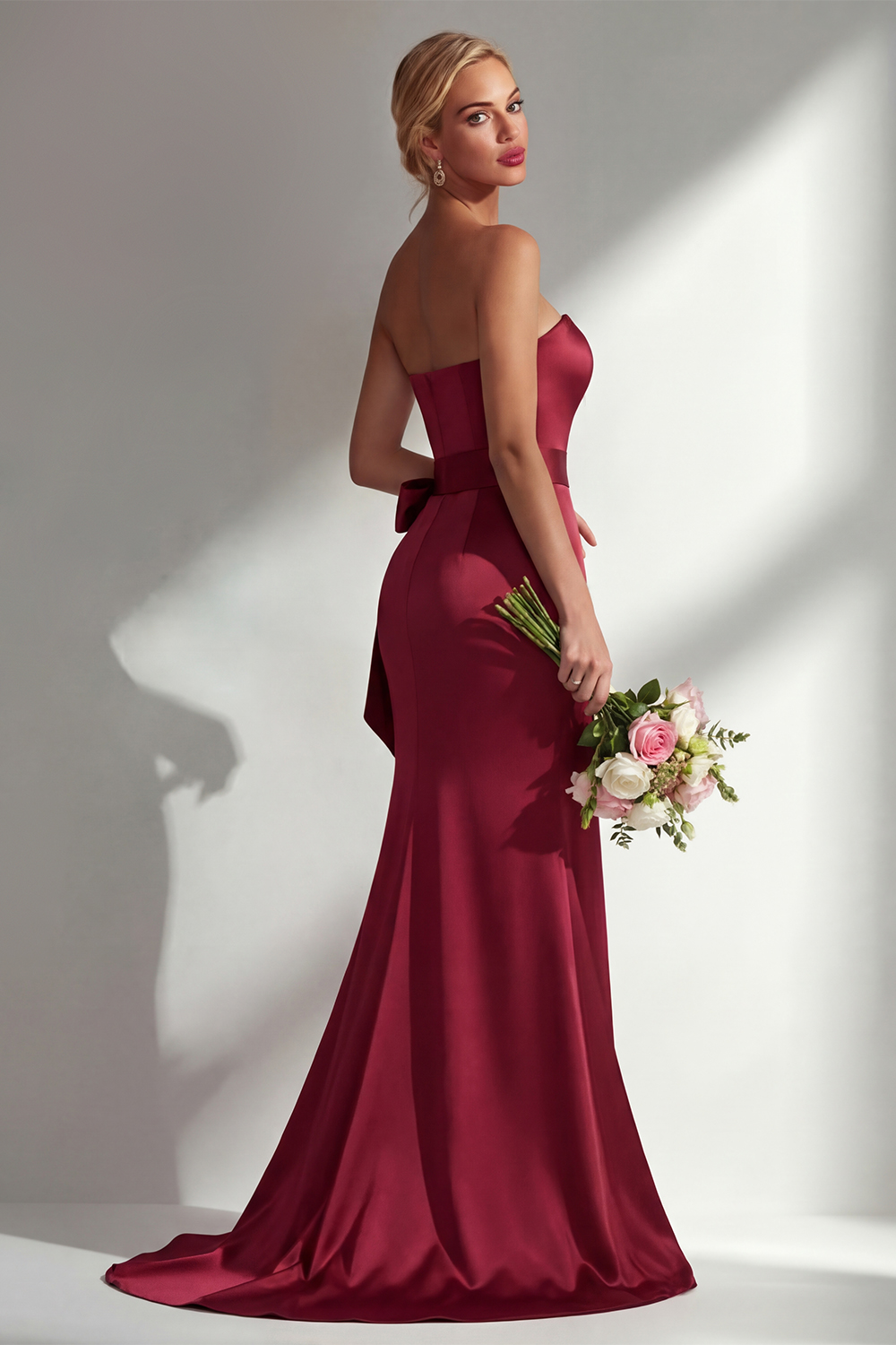Elegant Burgundy Mermaid Neck Scarf Ruched Long Satin Prom Dress
