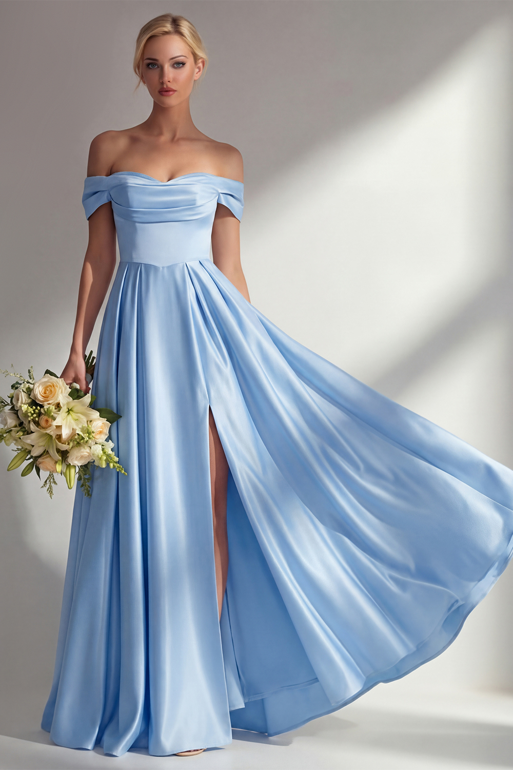 Blue A Line Off the Shoulder Long Satin Prom Dress with Slit