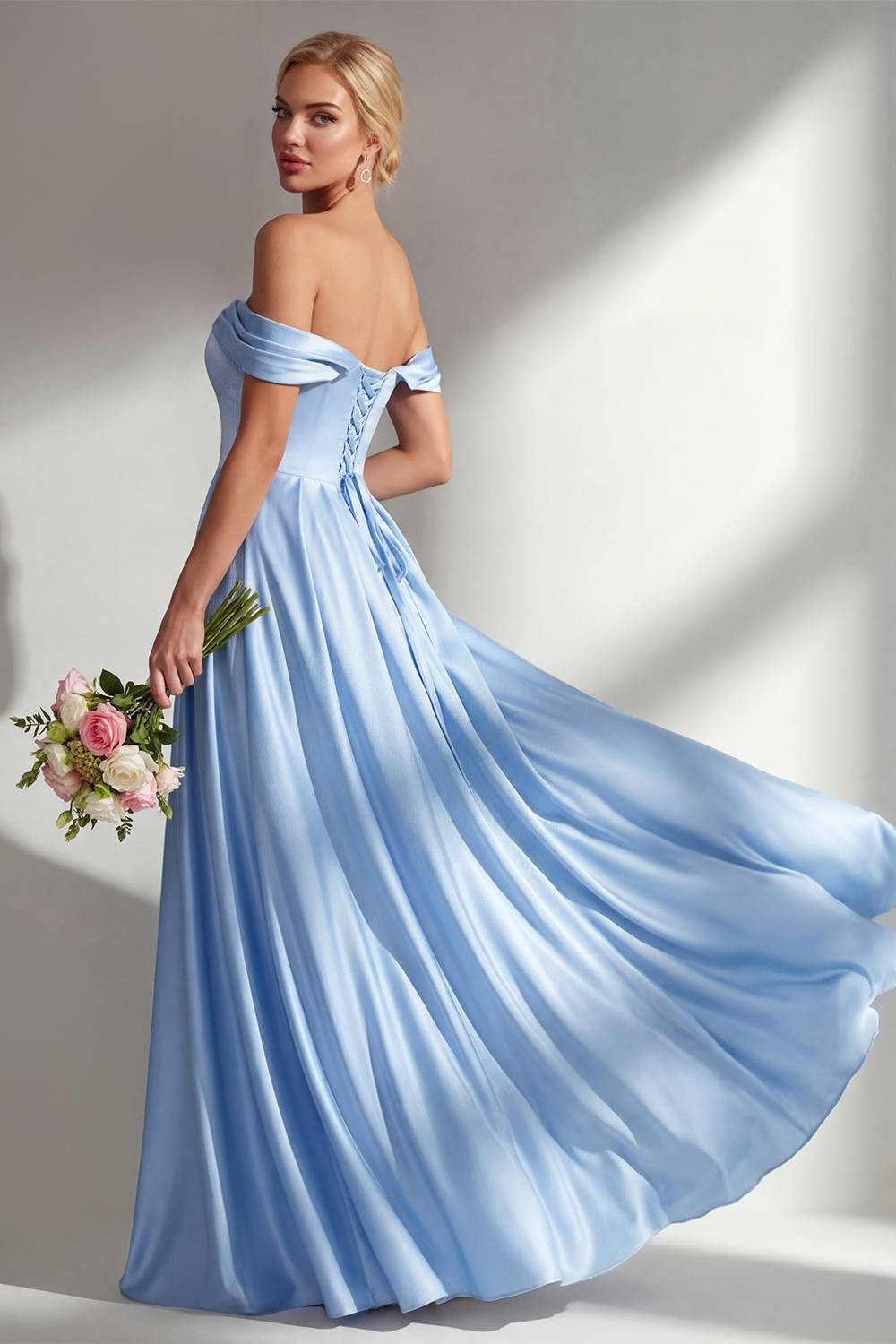 Blue A Line Off the Shoulder Long Satin Prom Dress with Slit