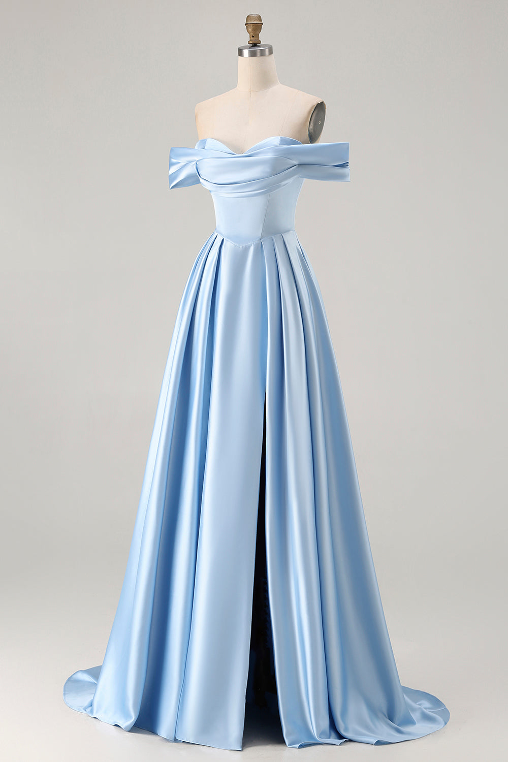 Blue A Line Off the Shoulder Long Satin Prom Dress with Slit