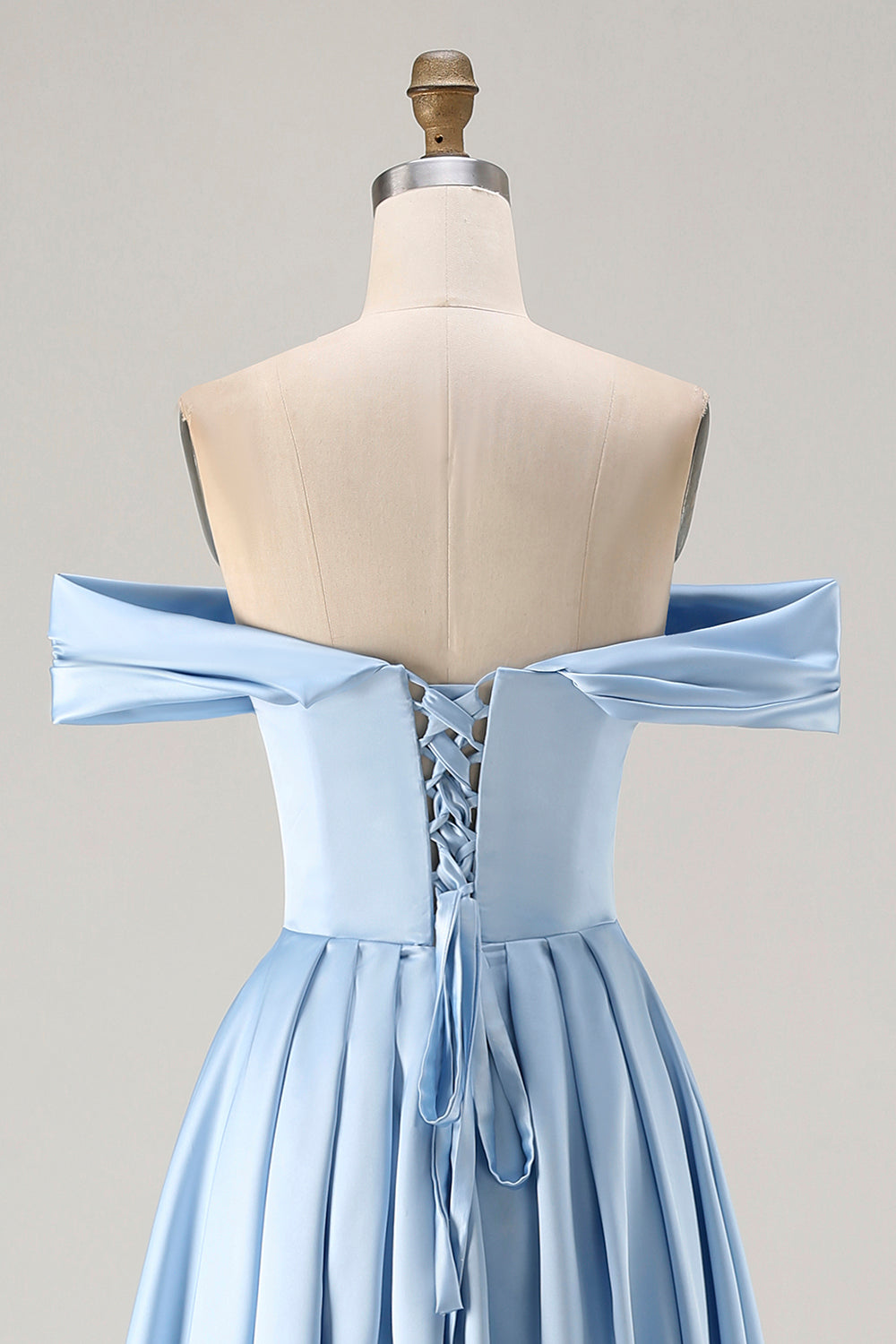 Blue A Line Off the Shoulder Long Satin Prom Dress with Slit