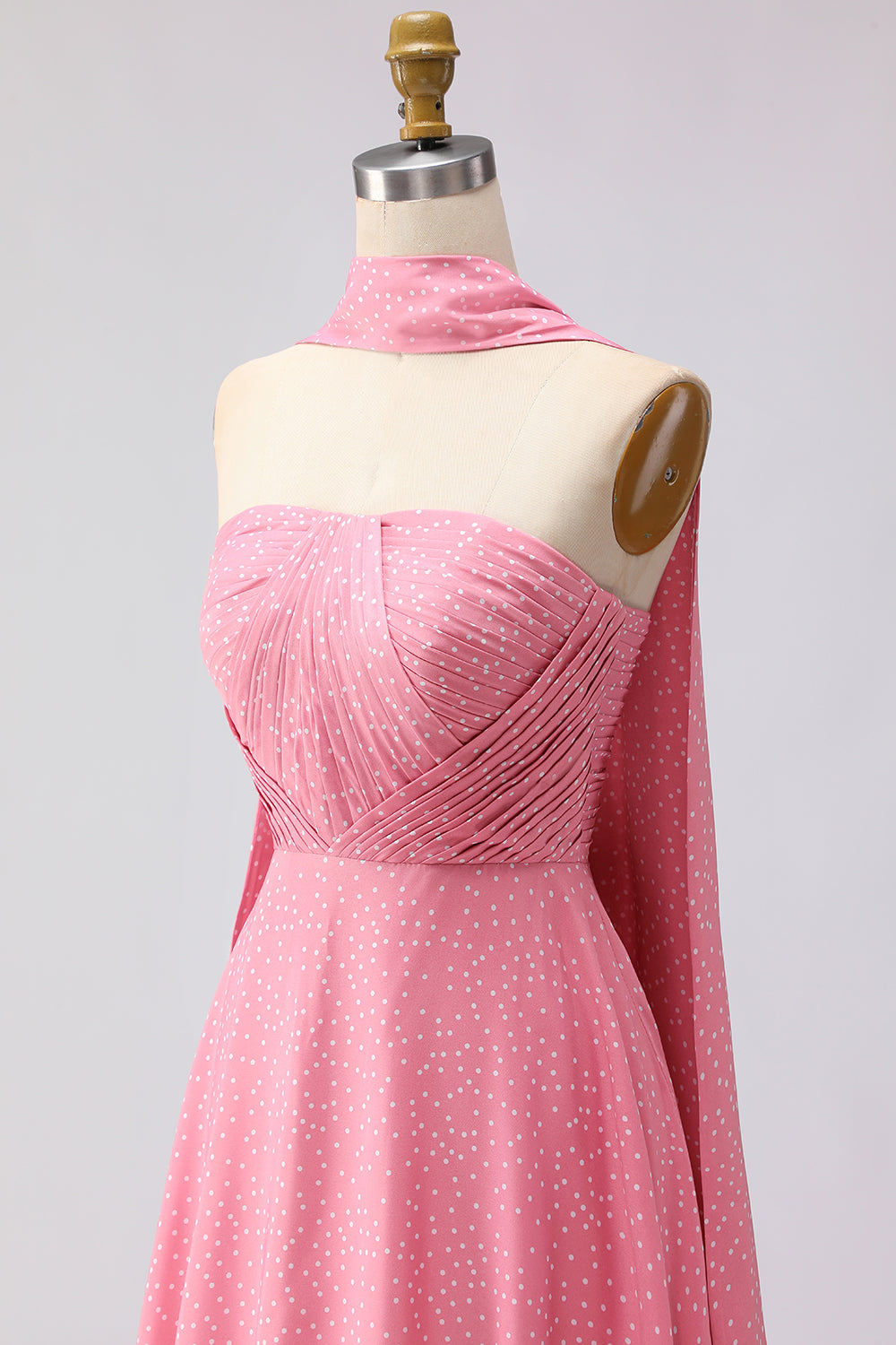 Pink A Line Polka Dots Neck Scarf Ruched Long Prom Dress