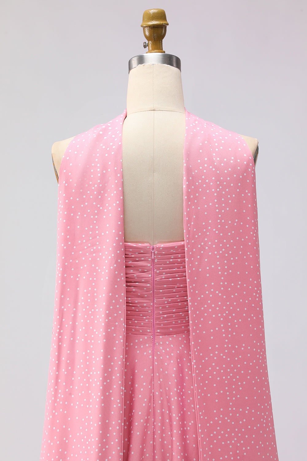 Pink A Line Polka Dots Neck Scarf Ruched Long Prom Dress