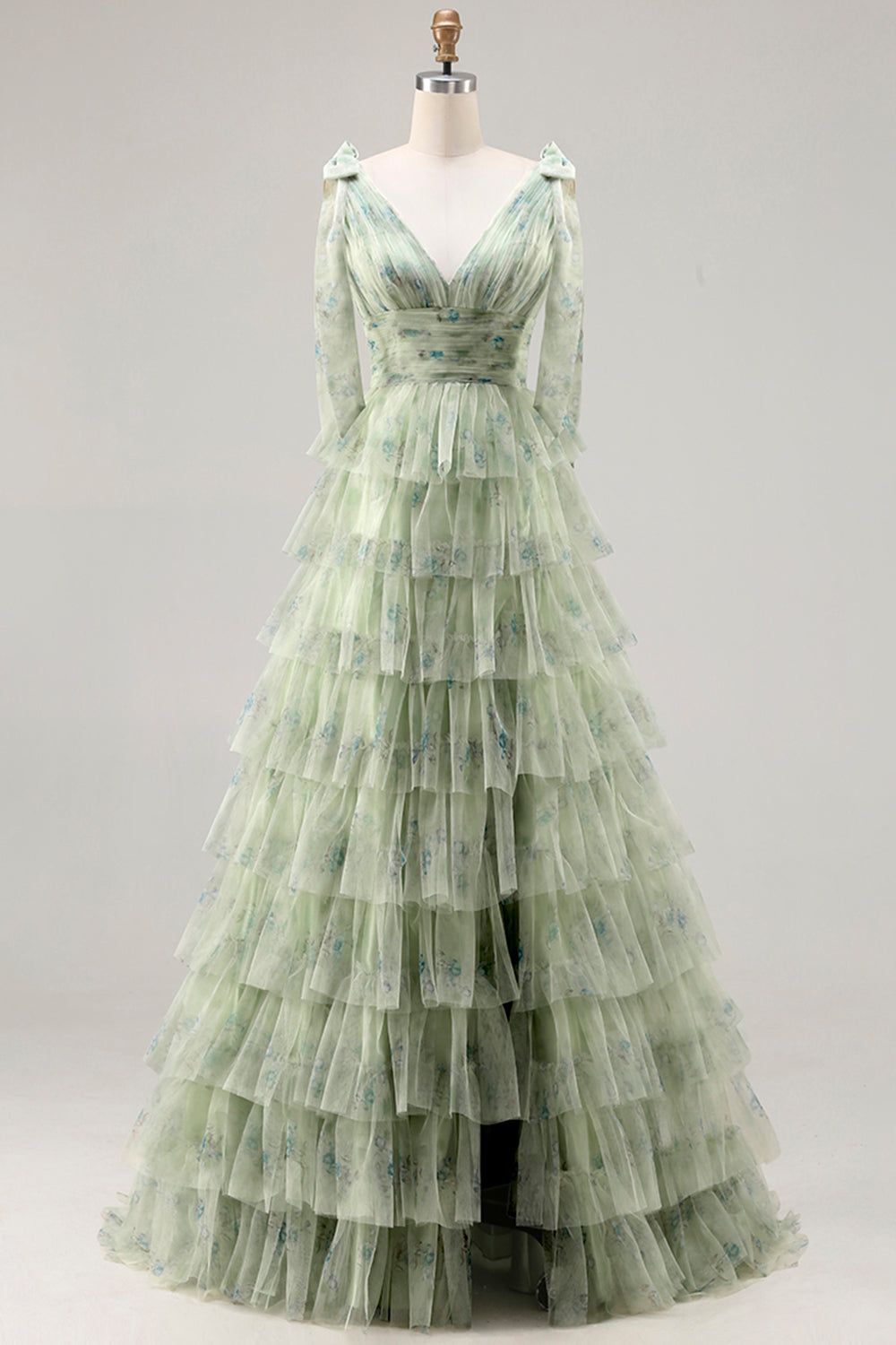 Floral Green A Line Tiered Long Tulle Prom Dress with Slit