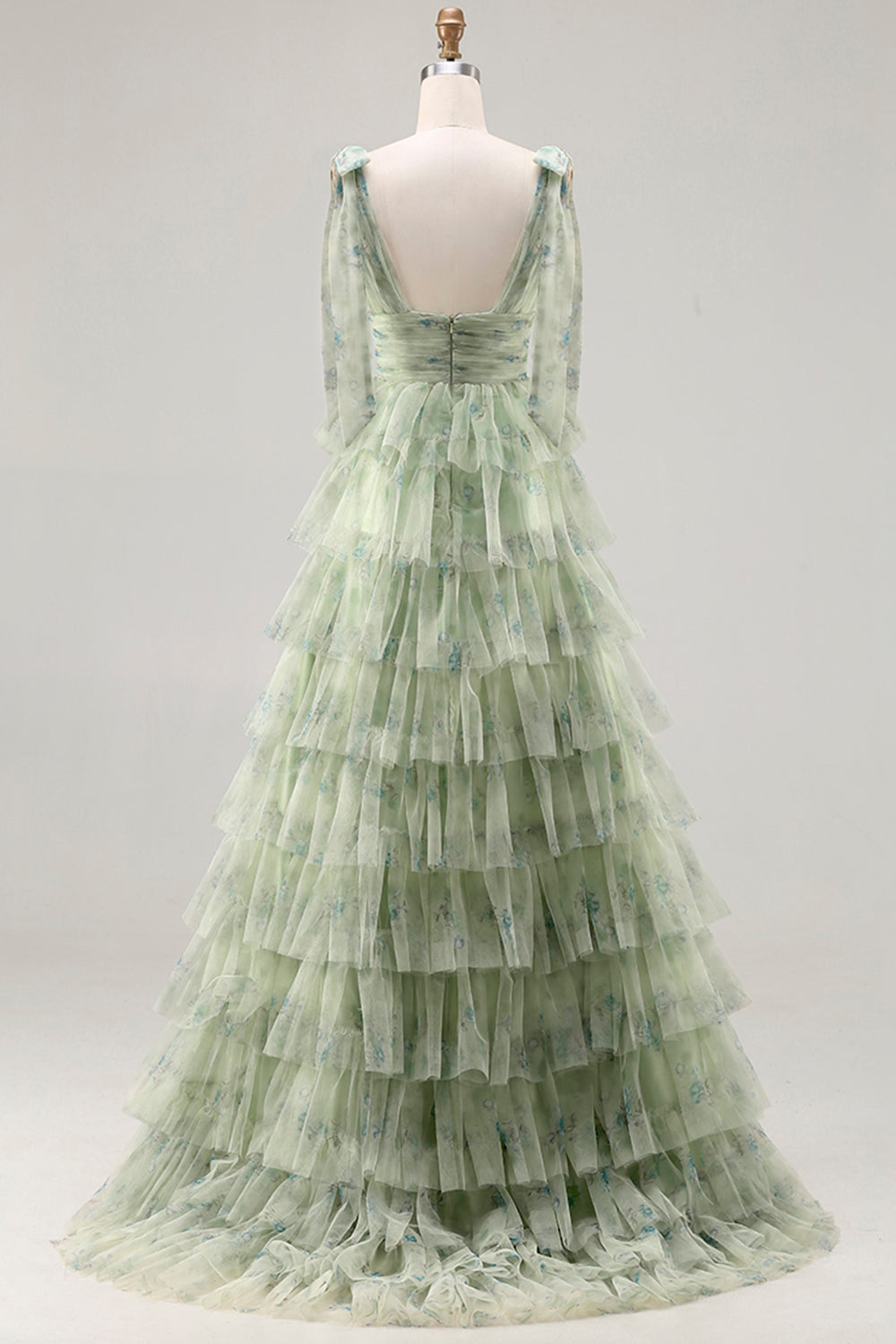 Floral Green A Line Tiered Long Tulle Prom Dress with Slit